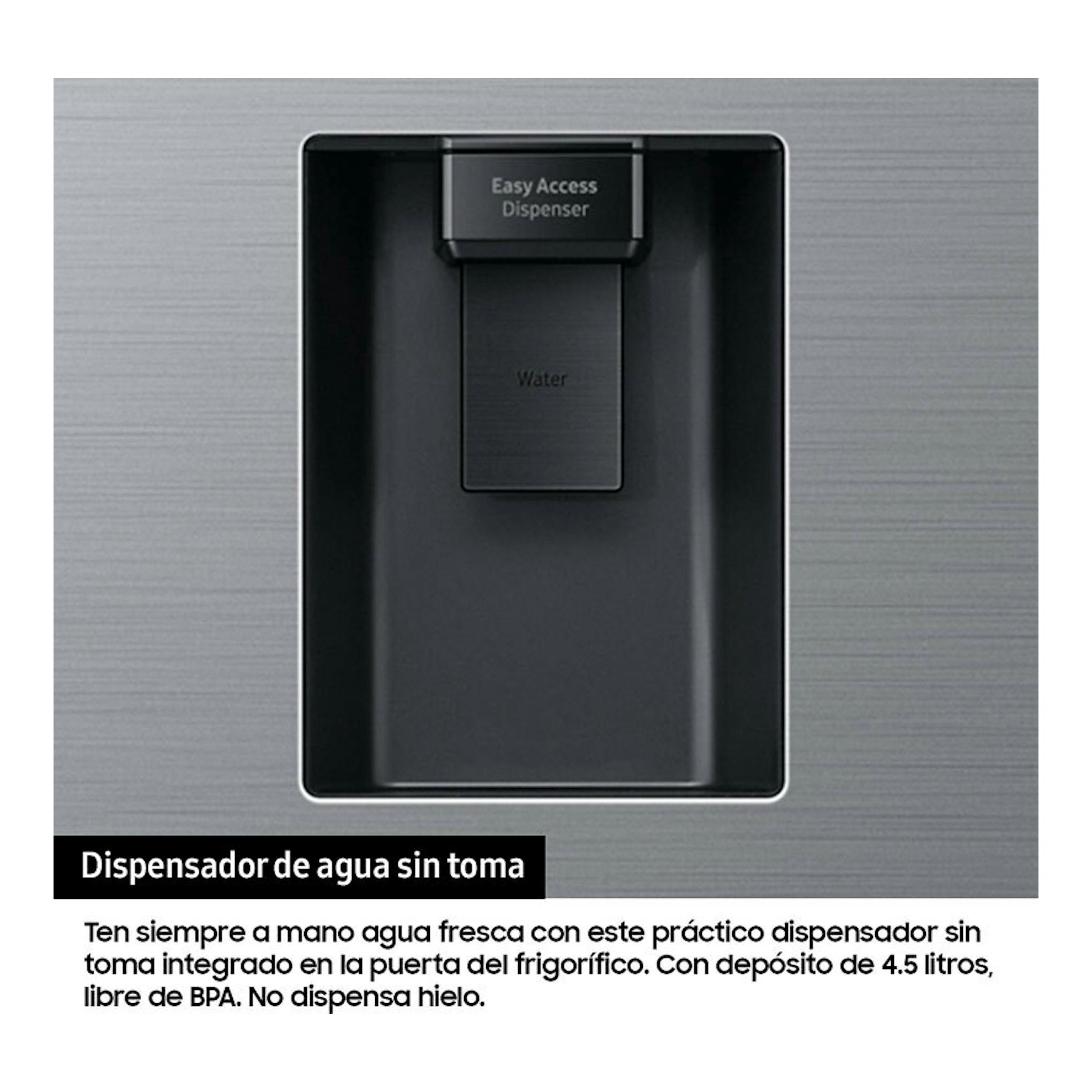 Samsung RB50DG632ES9EF inox, dispensador de agua integrado en la puerta del frigorífico, vista frontal.