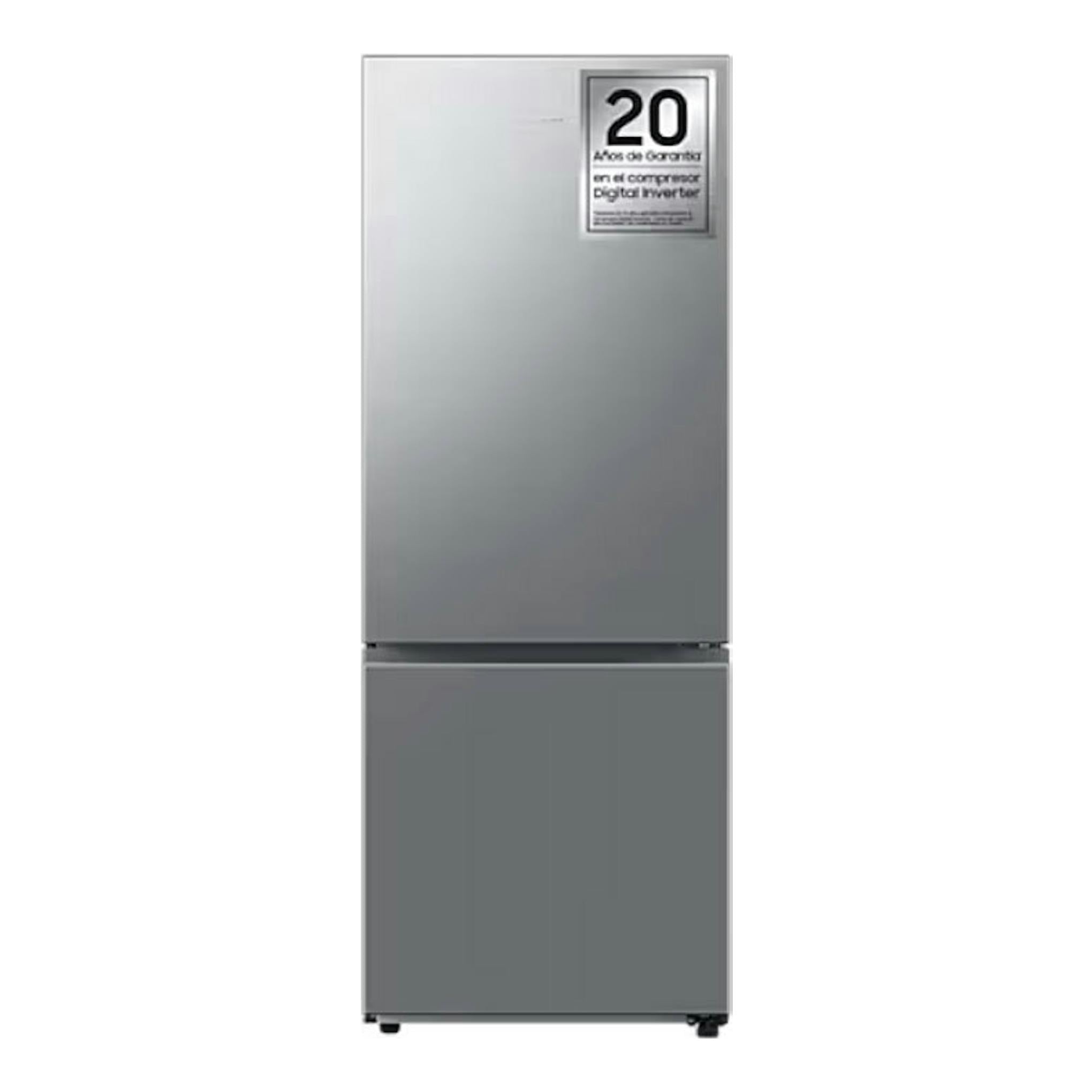 Frigorífico combi Samsung RB53DG703CS9EF inox, vista frontal, con etiqueta de 20 años de garantía.