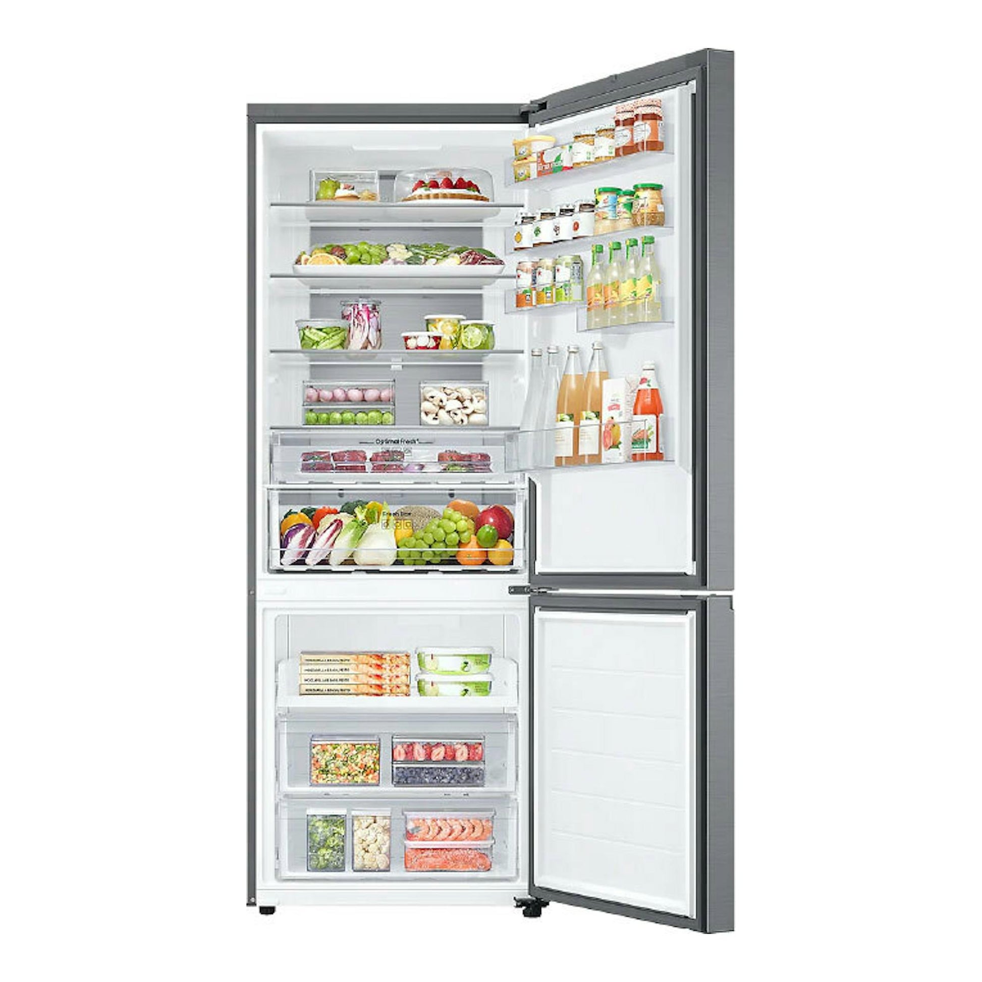Frigorífico combi Samsung RB53DG703CS9EF inox, vista frontal con puertas abiertas y compartimentos visibles.