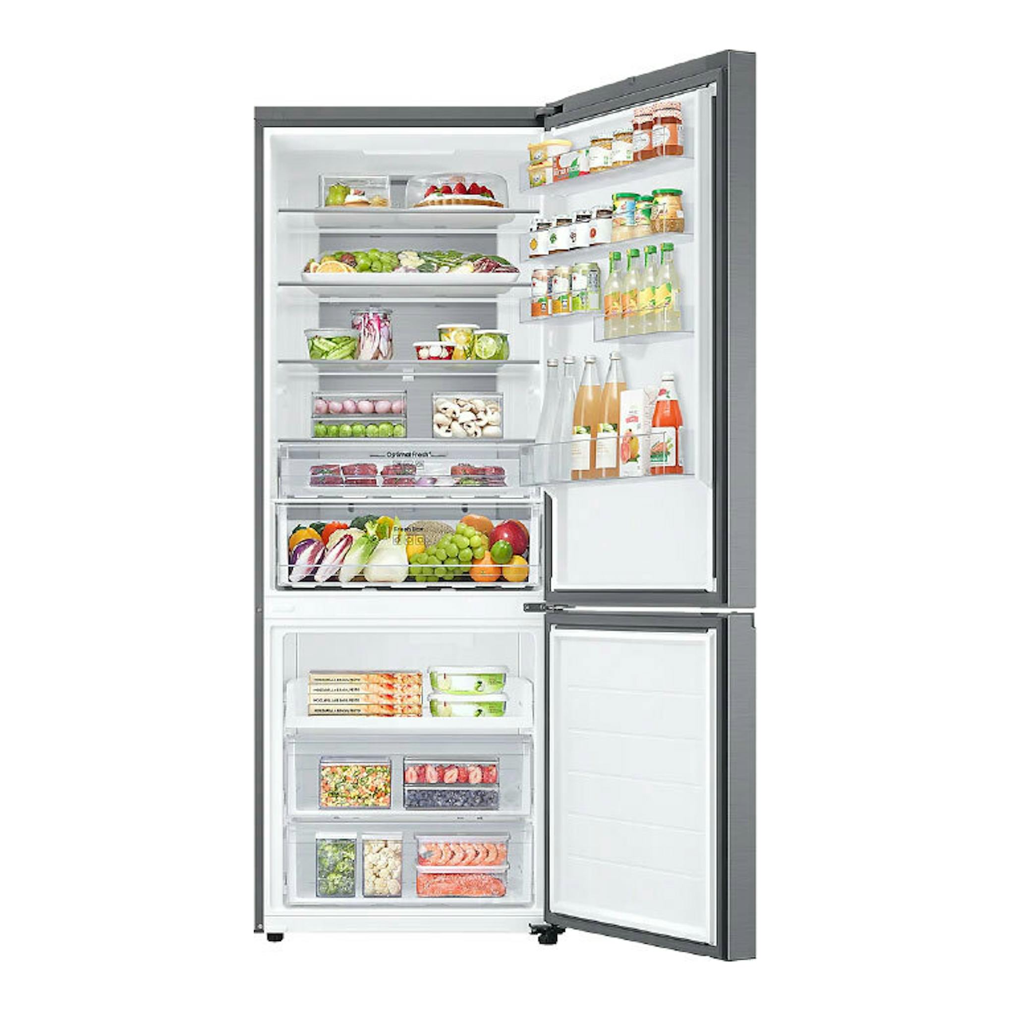 Frigorífico combi Samsung RB53DG703CS9EF inox, vista frontal con puertas abiertas y compartimentos visibles.