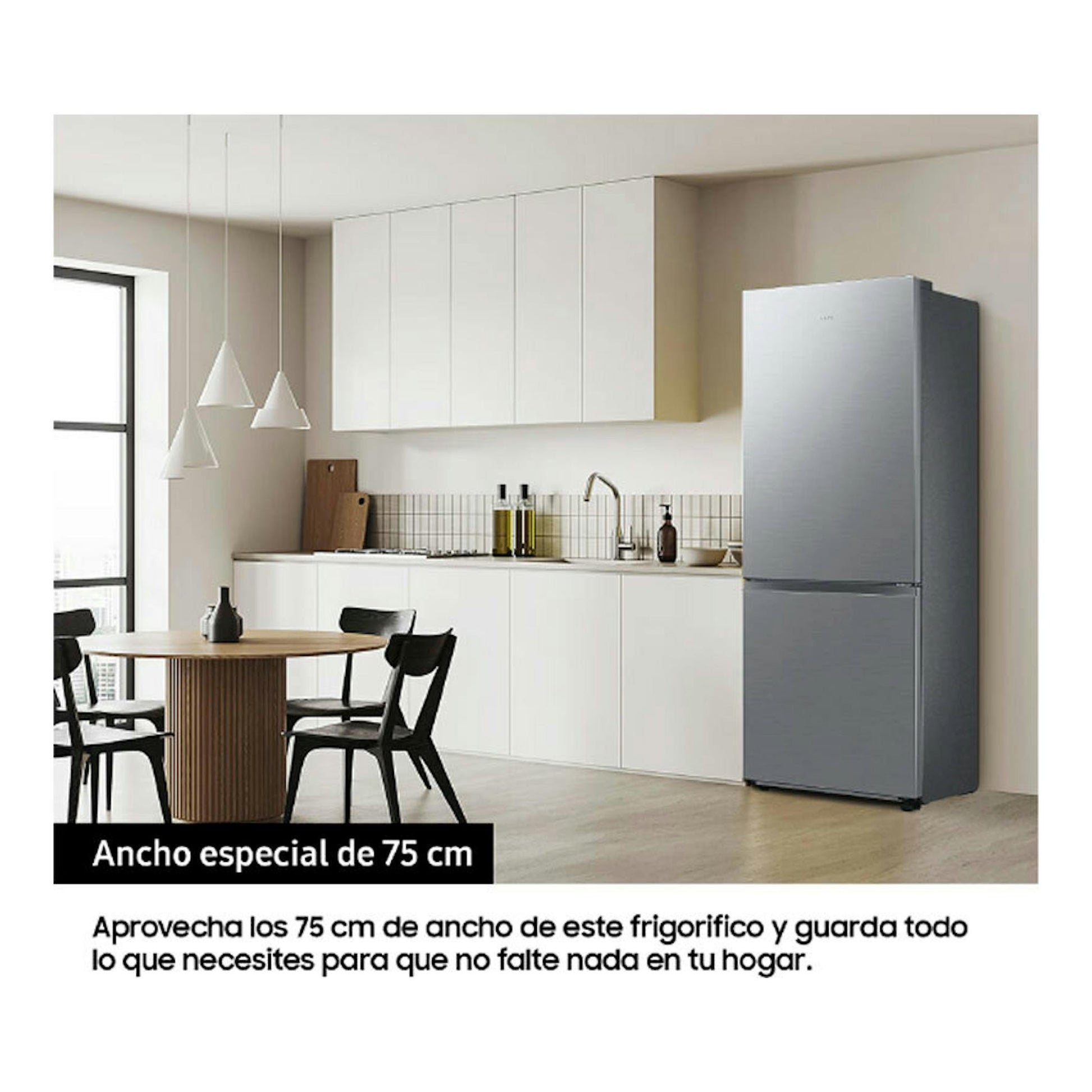 Frigorífico combi Samsung RB53DG703CS9EF inox, vista frontal en una cocina moderna.