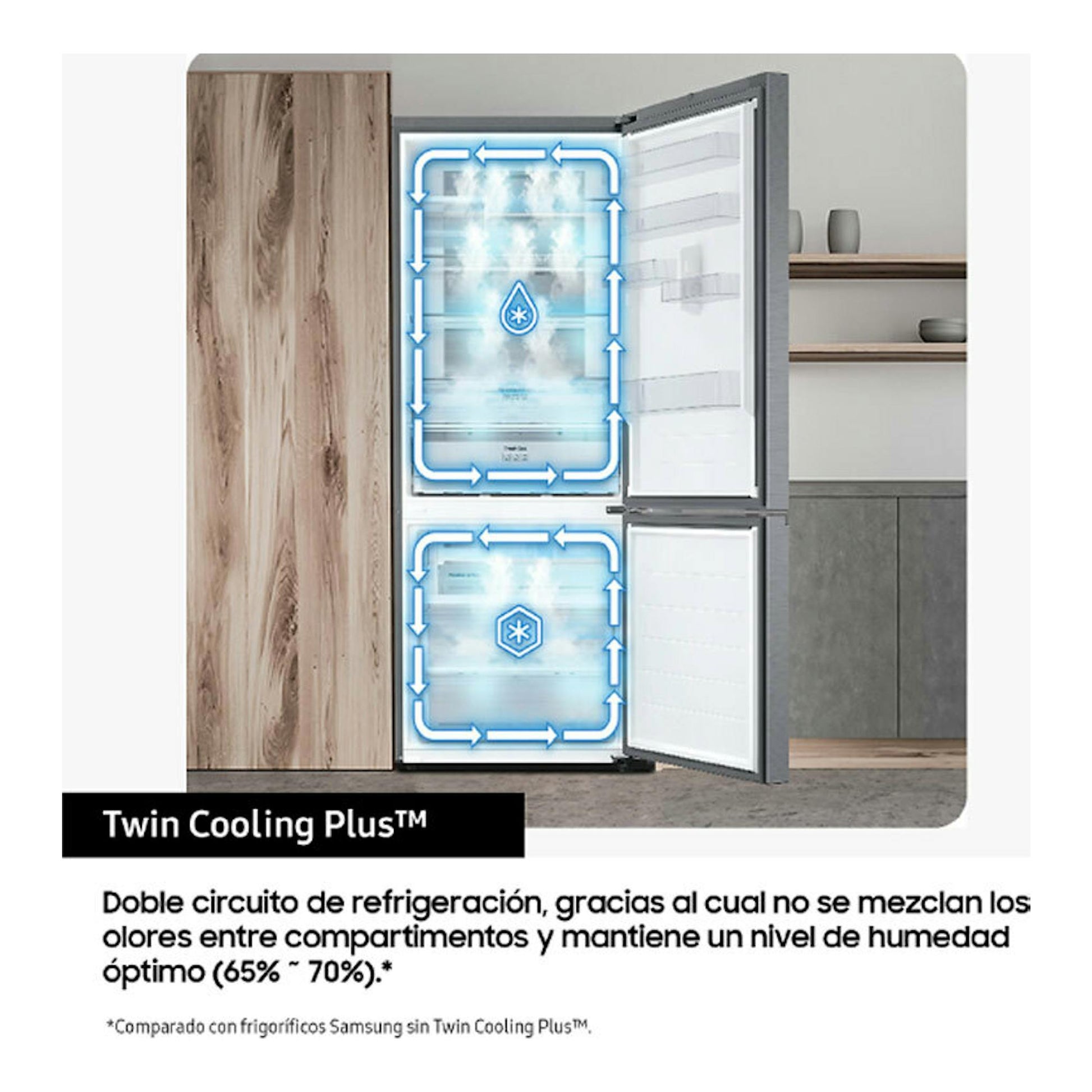 Frigorífico combi Samsung RB53DG703CS9EF en inox, vista frontal con puertas abiertas.