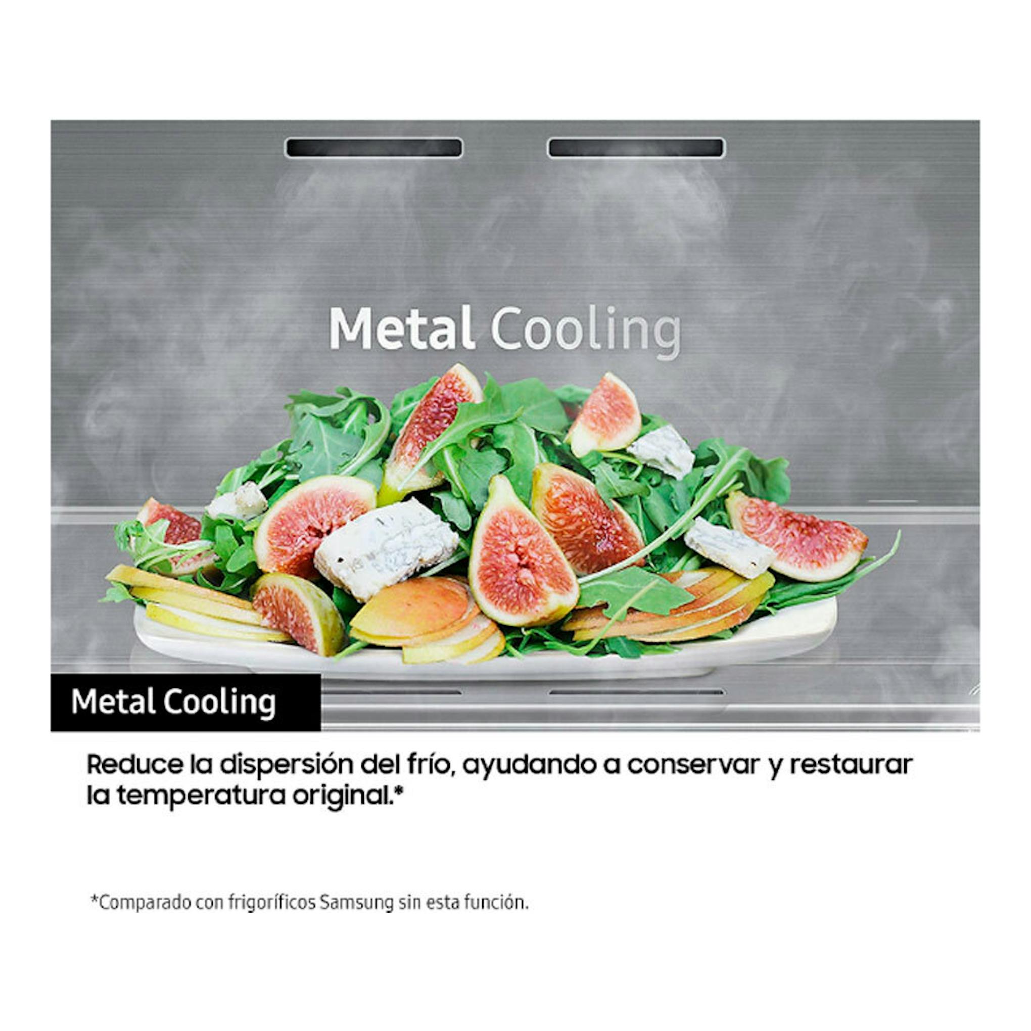 Samsung RB53DG703CS9EF Inox: interior Metal Cooling con bandeja de comida sobre fondo metálico.