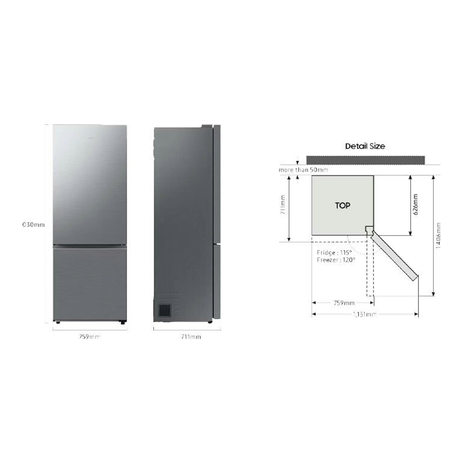 Frigorífico combi Samsung RB53DG706AS9EF inox, vista frontal y lateral con medidas y esquema de apertura.