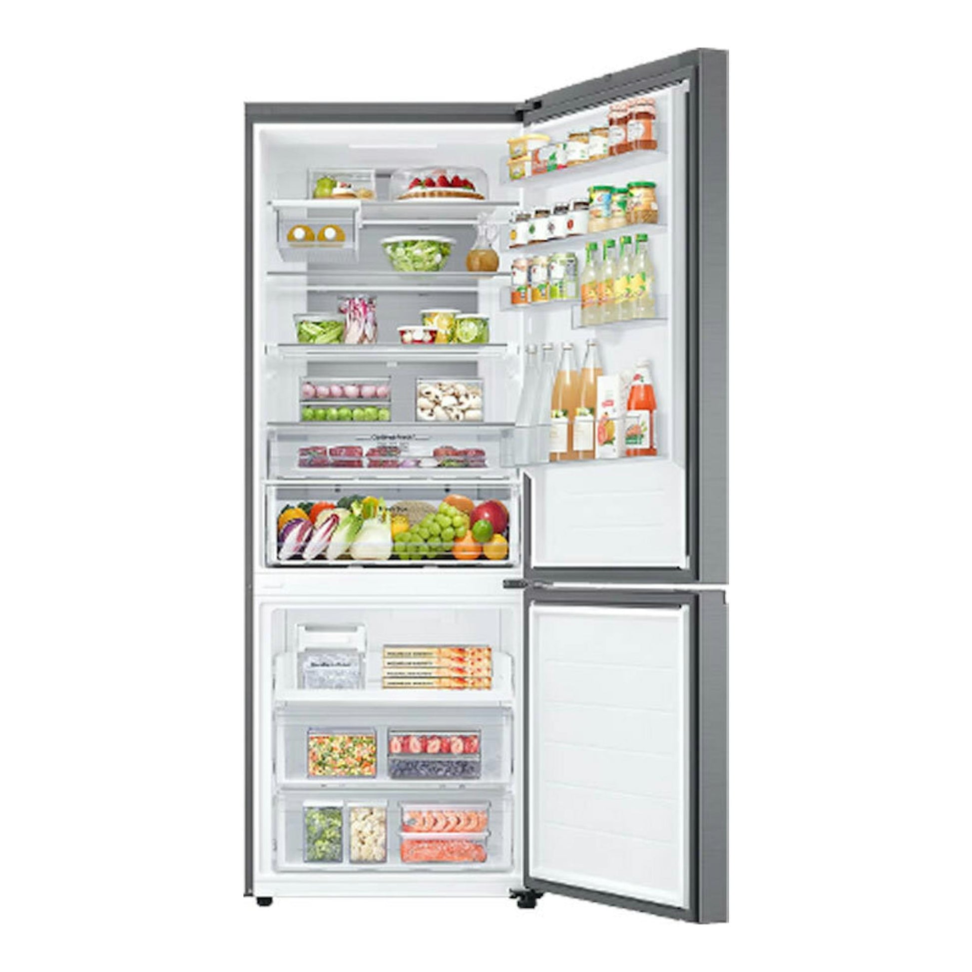 Frigorífico combi Samsung RB53DG706AS9EF inox, vista frontal con puertas abiertas y compartimentos visibles.