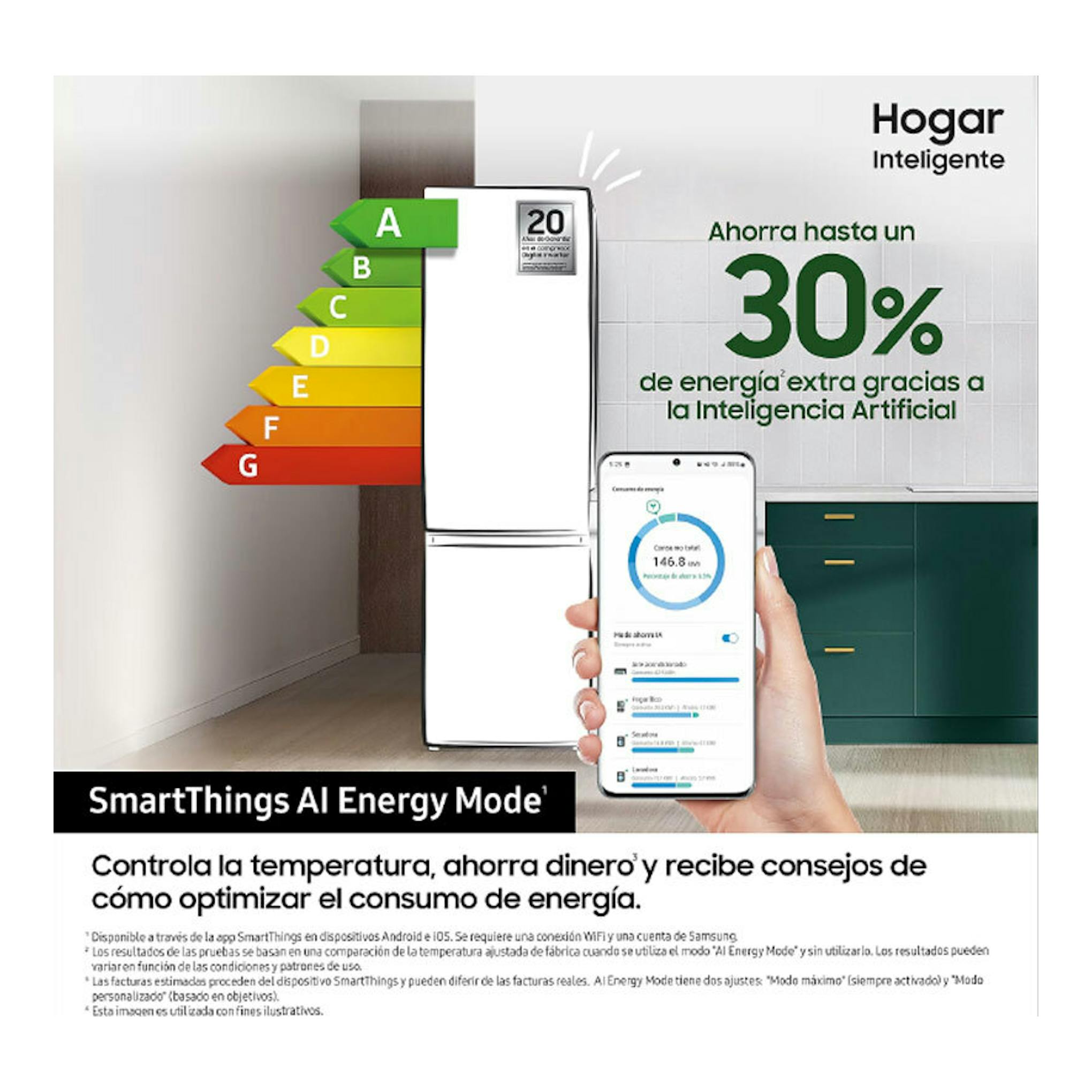 Frigorífico combi Samsung RB53DG706AS9EF inox, vista frontal, con móvil y escala energética A-G.