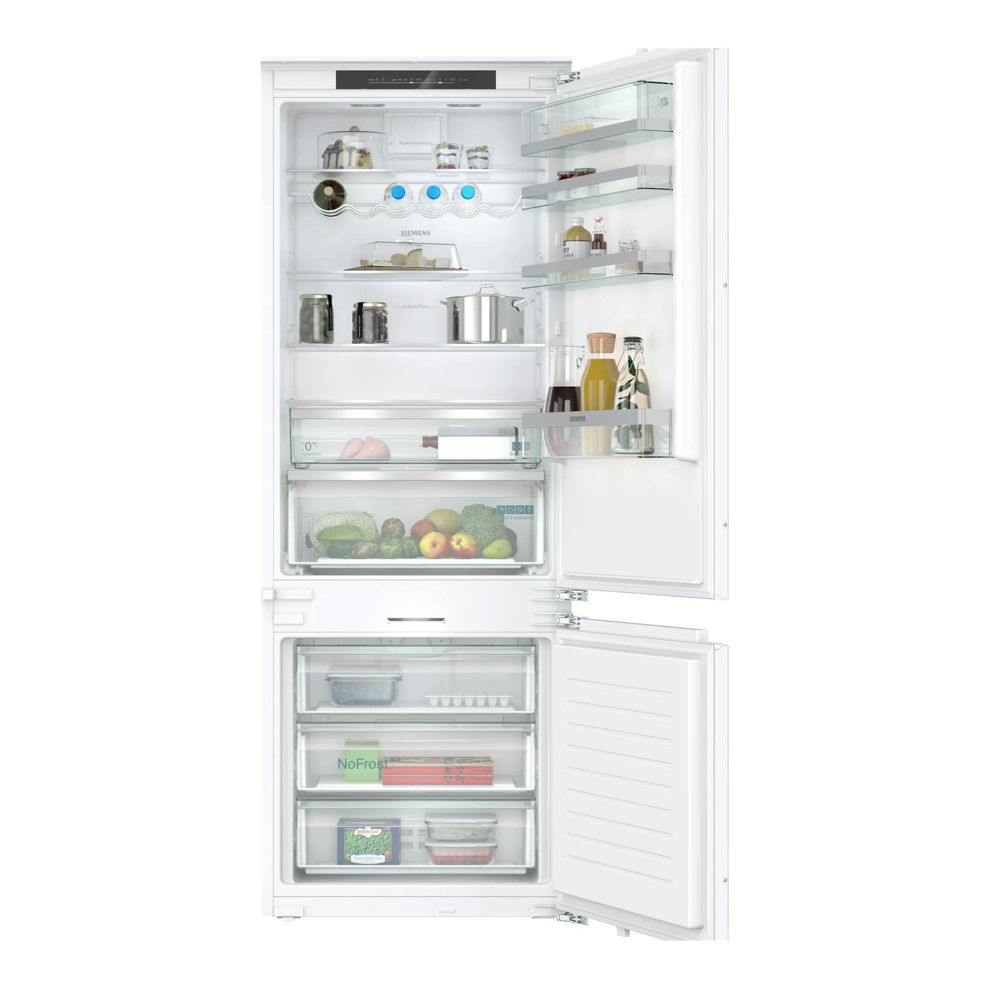 Vista frontal de frigorífico combi integrable Siemens KB96NADD1, blanco, con puertas abiertas e interior visible.