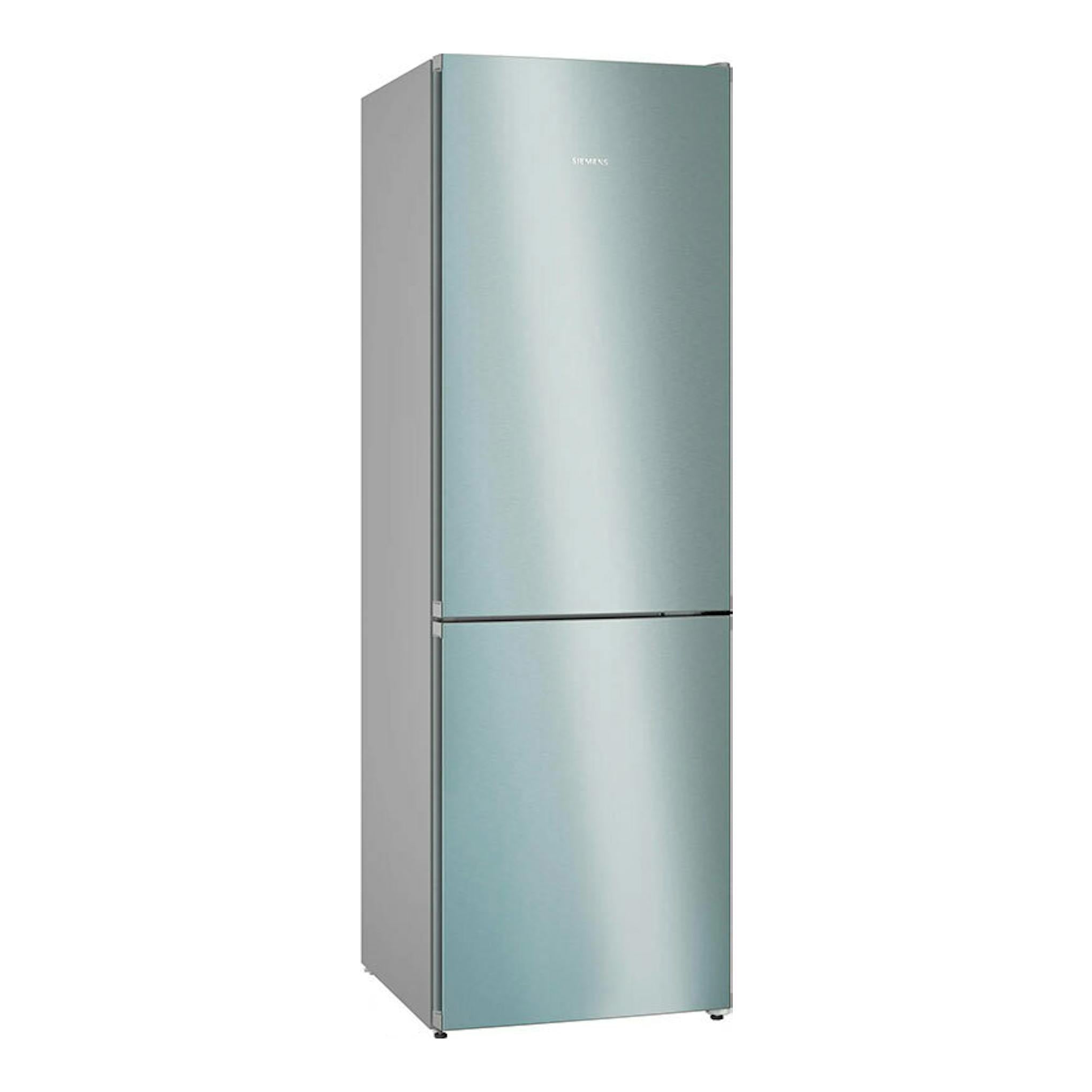 Frigorífico combi Siemens KG36N2ICF en inox, vista frontal, con dos puertas y acabado metálico.