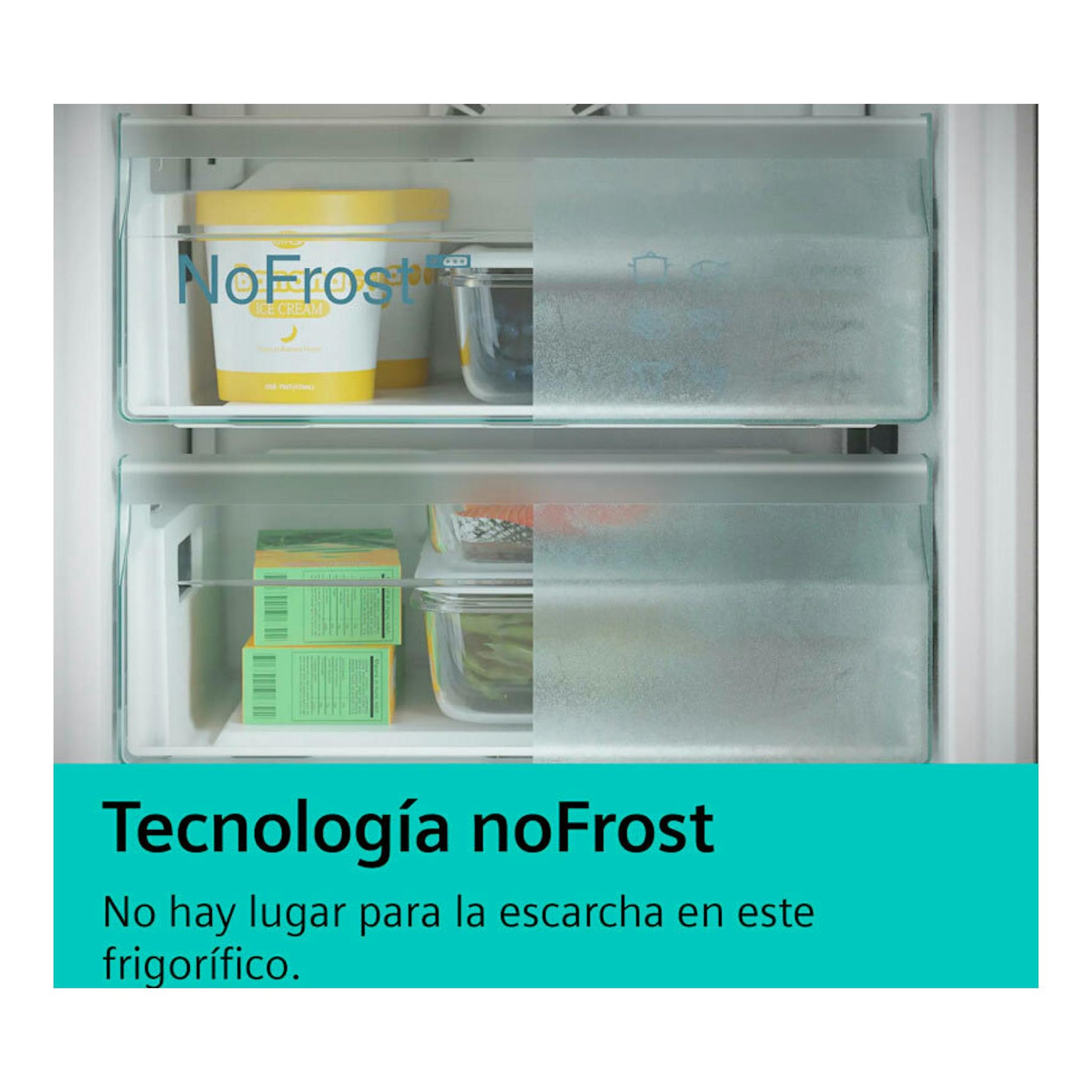 Siemens KG36N2ICF Inox: cajones del congelador con alimentos y texto «Tecnología noFrost».