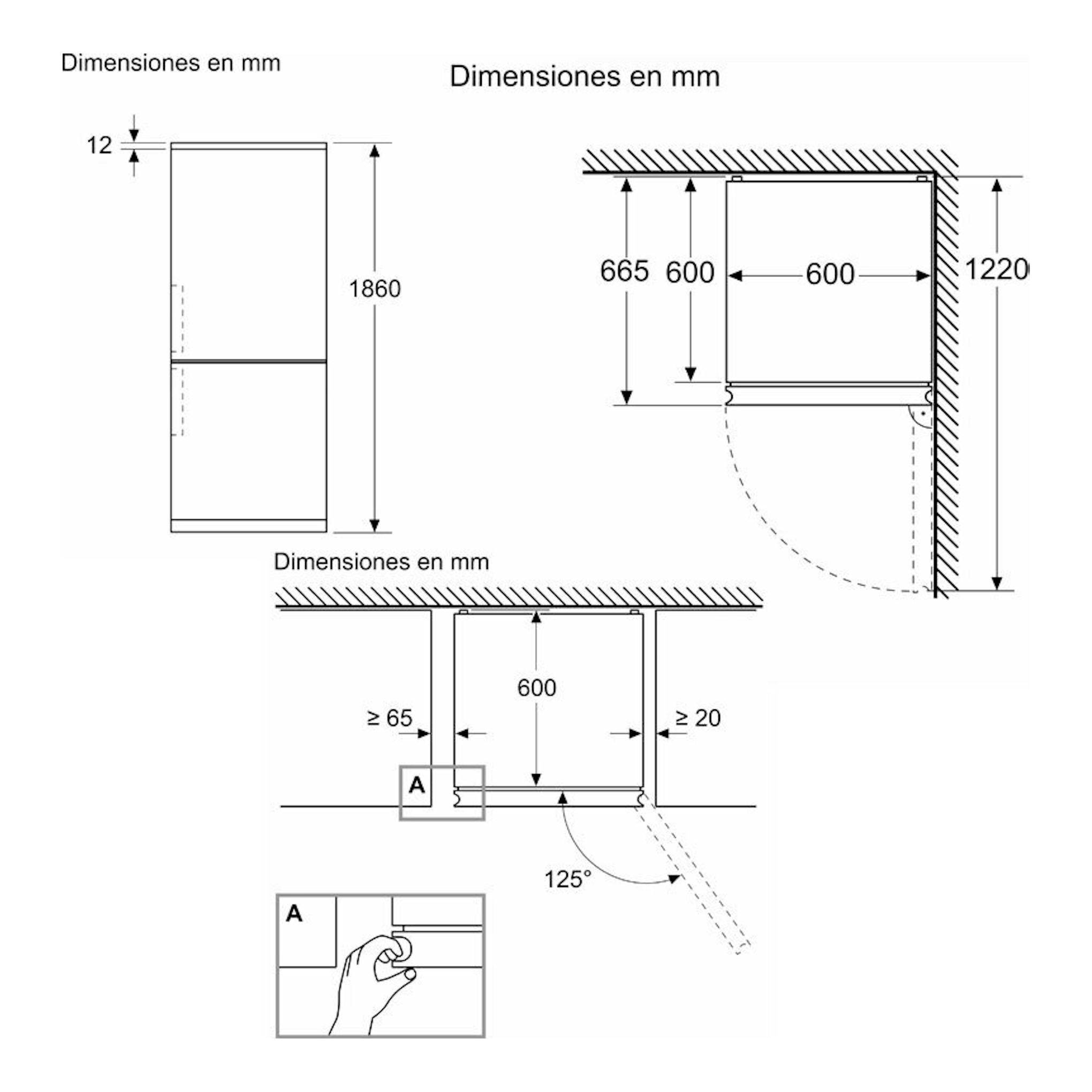 Esquema de medidas del frigorífico combi Siemens KG36N2ICF Inox, vista frontal y lateral, 1860 mm de alto.