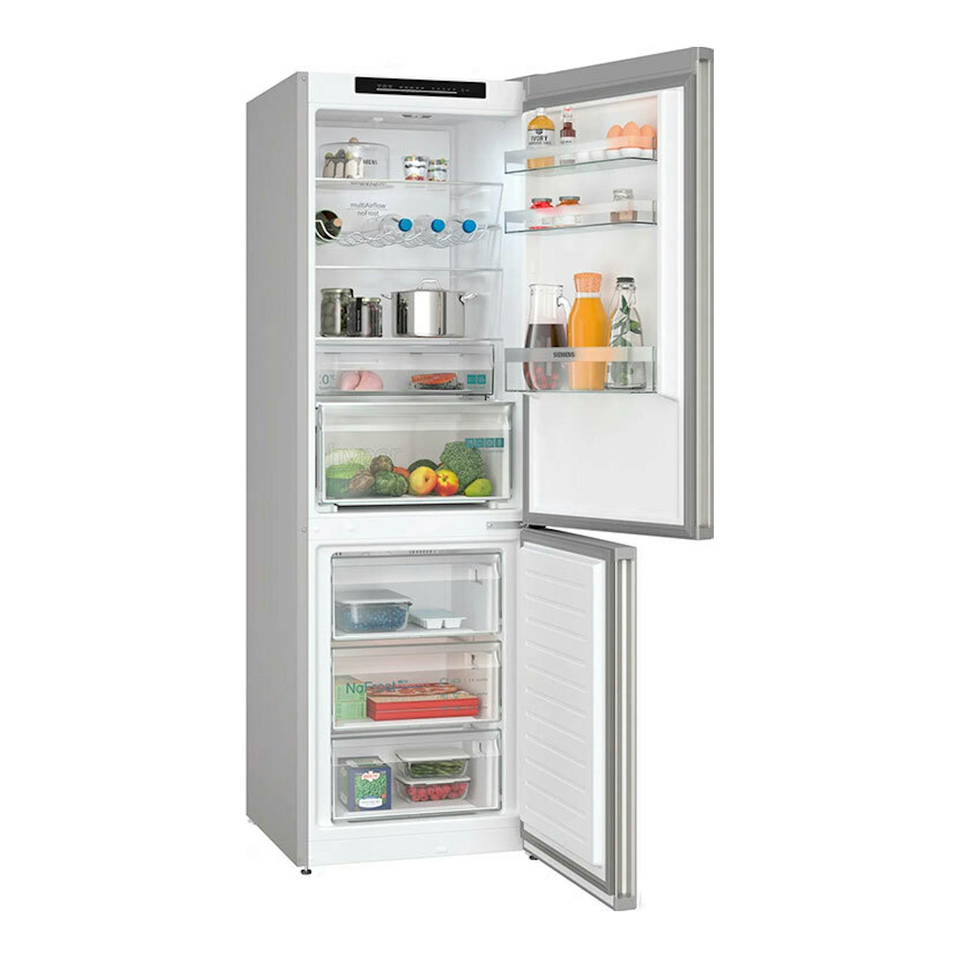 Frigorífico combi Siemens KG36N2ICF inox, vista frontal con ambas puertas abiertas e interior visible.