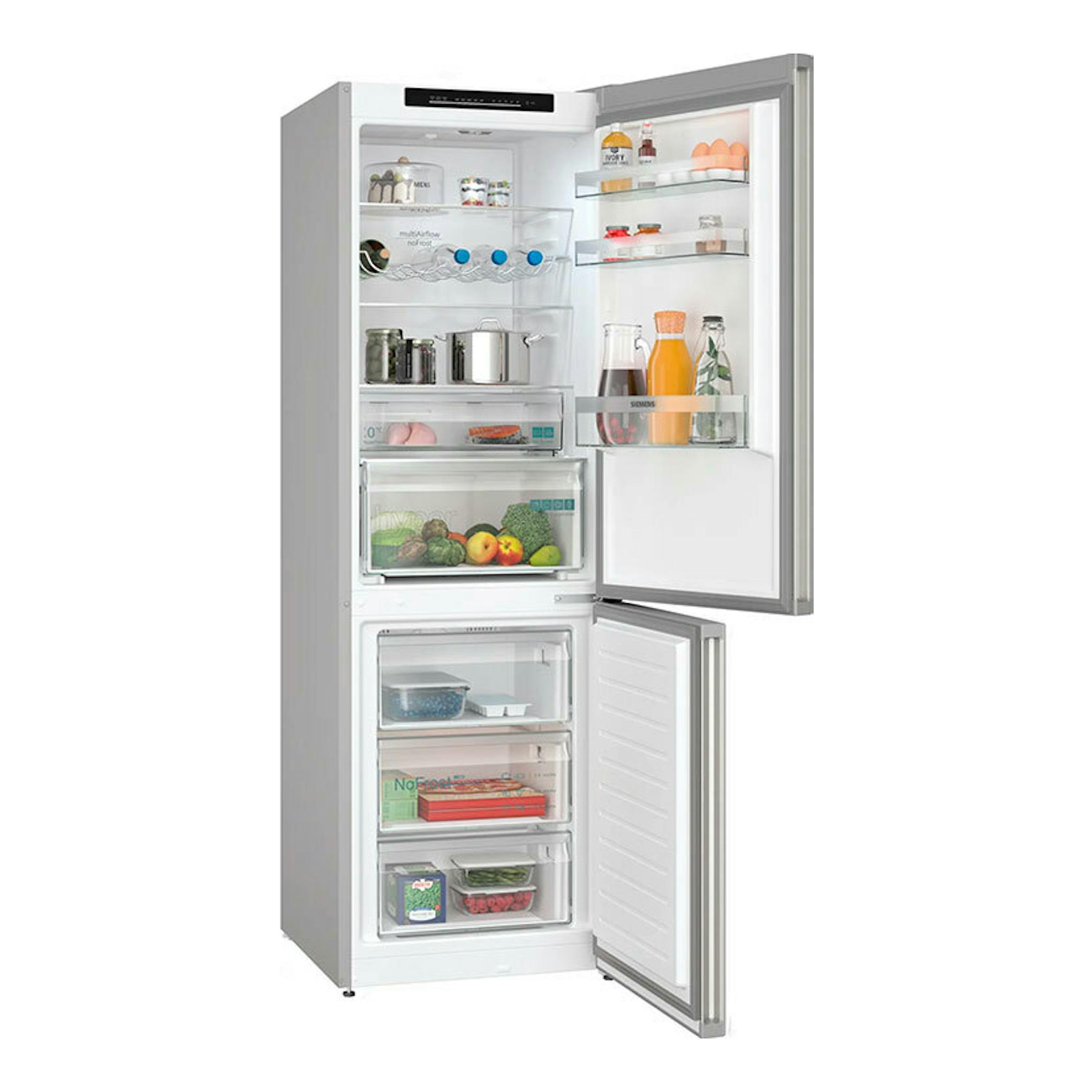 Frigorífico combi Siemens KG36N2ICF inox, vista frontal con ambas puertas abiertas e interior visible.
