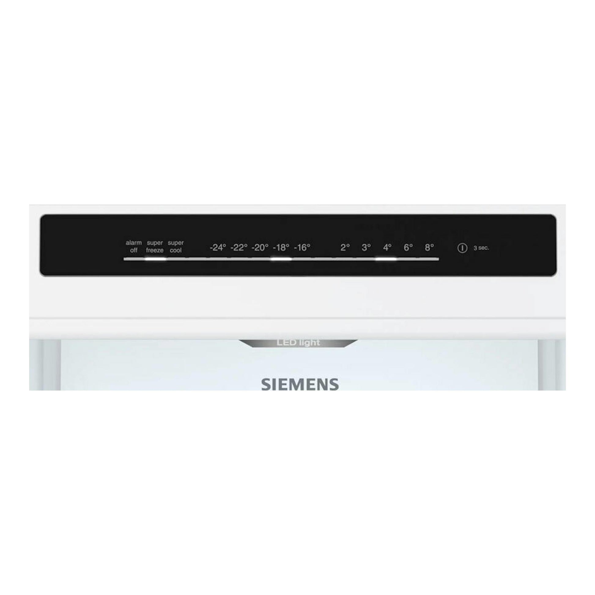 Frigorífico combi Siemens KG36N2ICF inox, vista frontal parcial con panel de control negro y logo Siemens.