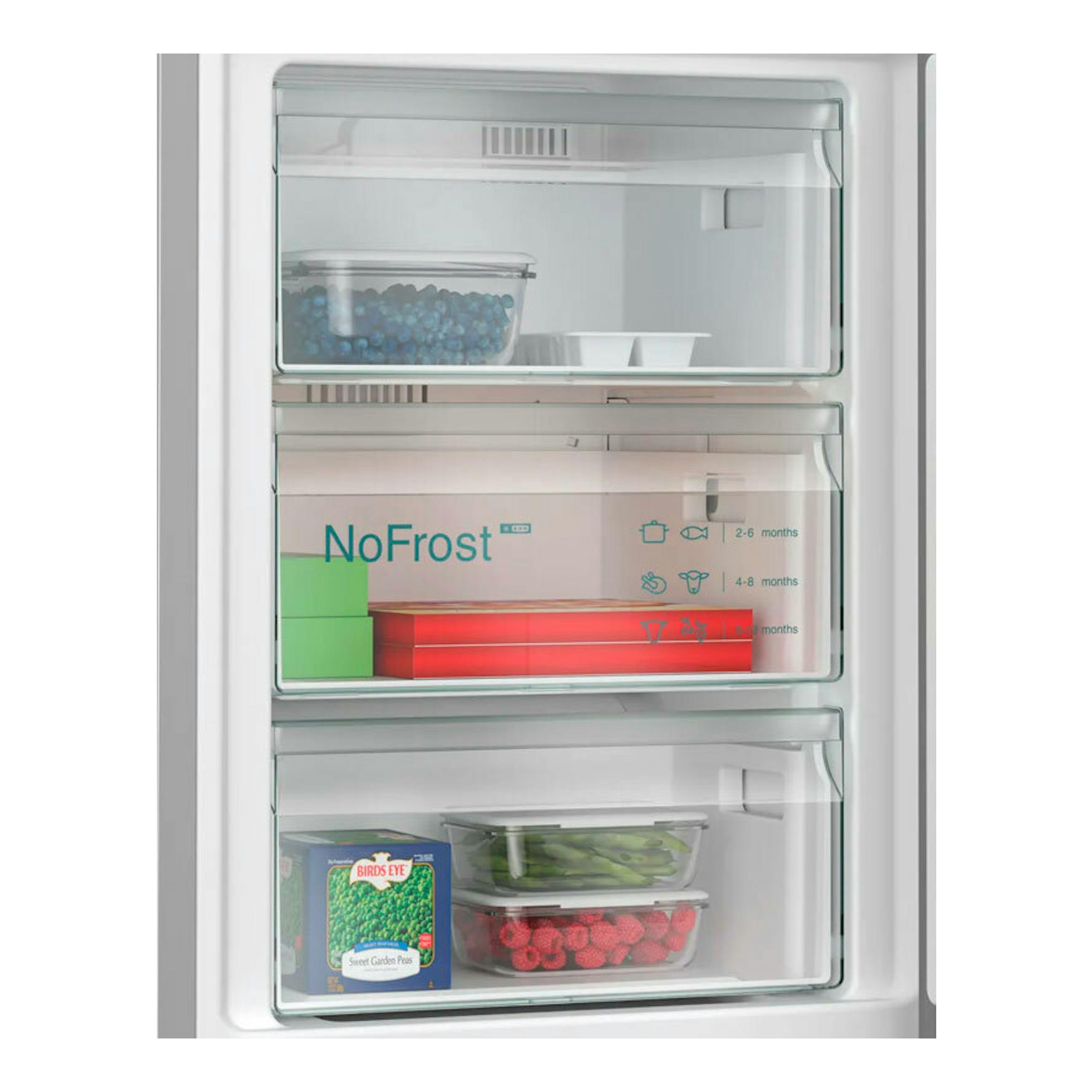 Frigorífico combi Siemens KG36N2ICF inox, vista frontal con puerta abierta e interior NoFrost.