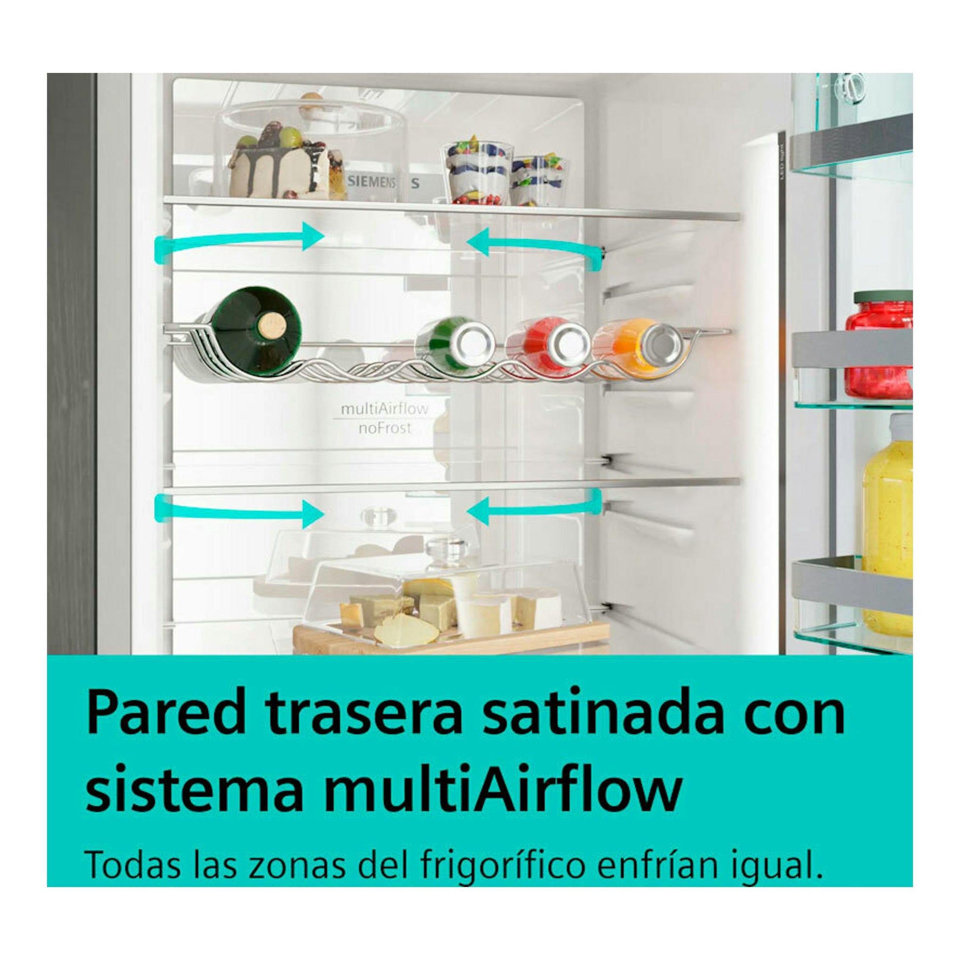 Interior frontal de frigorífico combi Siemens KG36N2ICF inox, con estantes, botellas y flechas turquesa.