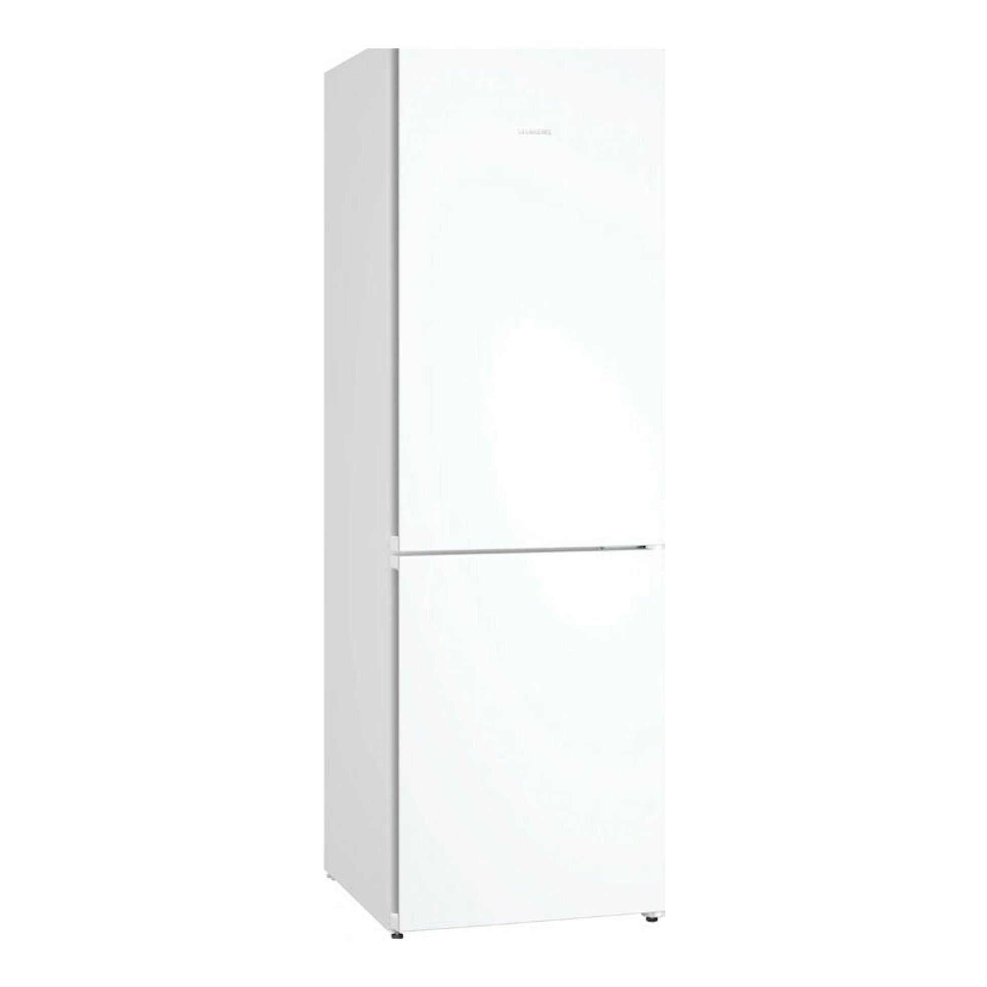 Frigorífico combi Siemens KG36N2WCF blanco, vista frontal ligeramente en ángulo.