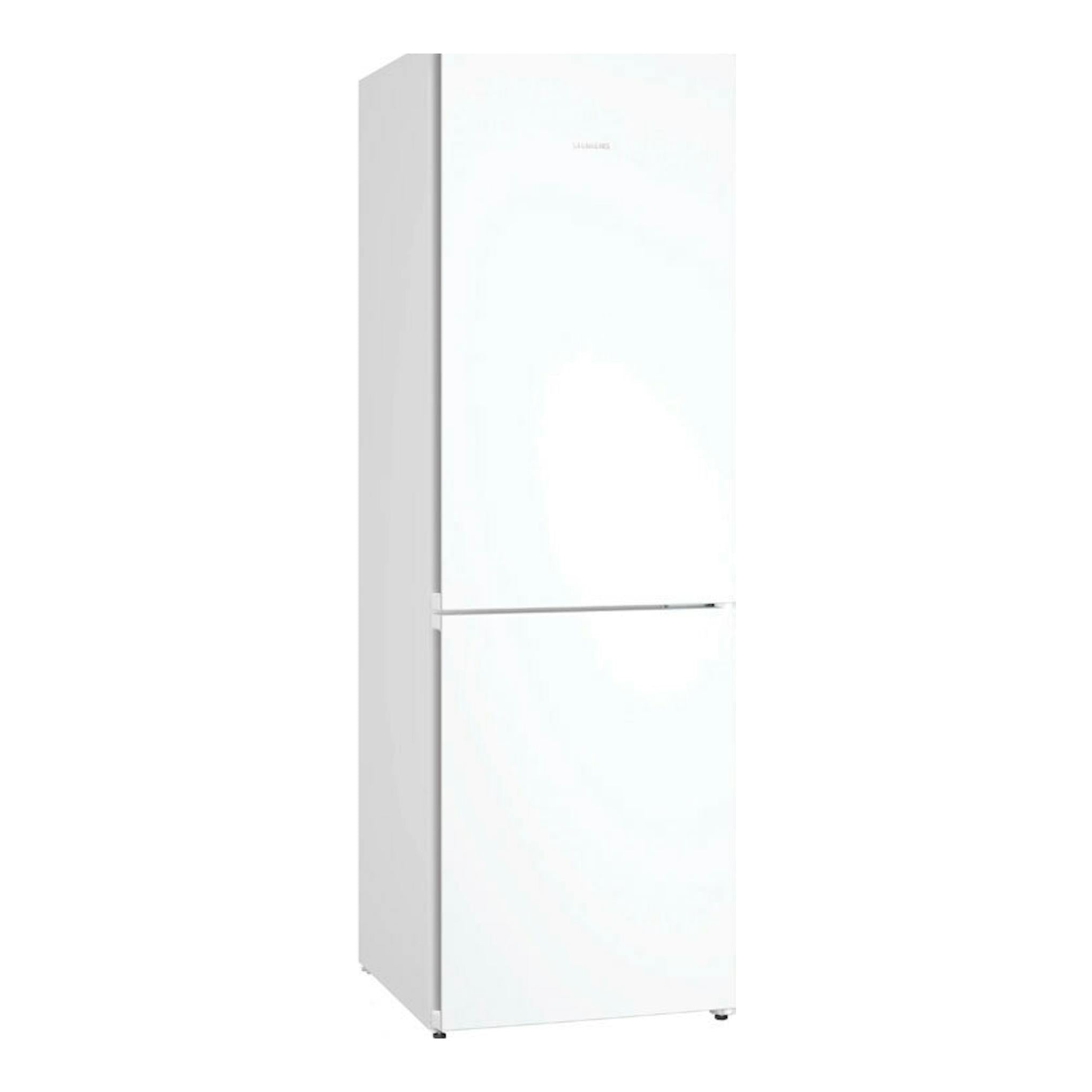 Frigorífico combi Siemens KG36N2WCF blanco, vista frontal ligeramente en ángulo.