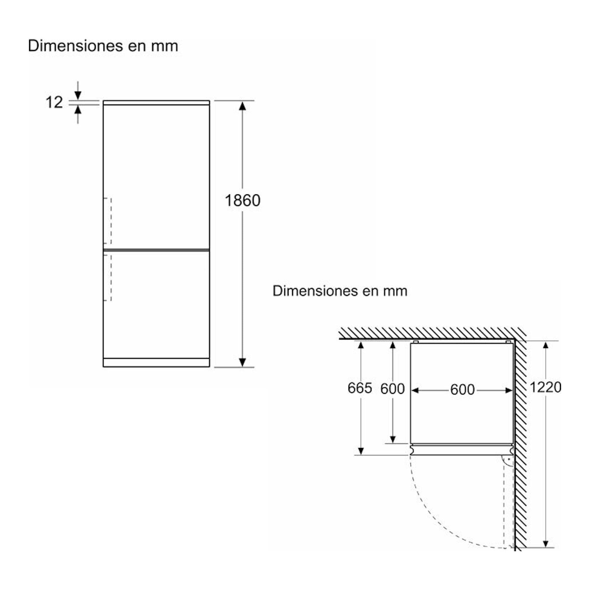 Diagrama de dimensiones del frigorífico combi Siemens KG36N2WCF blanco, vista frontal y lateral, 1860 mm.