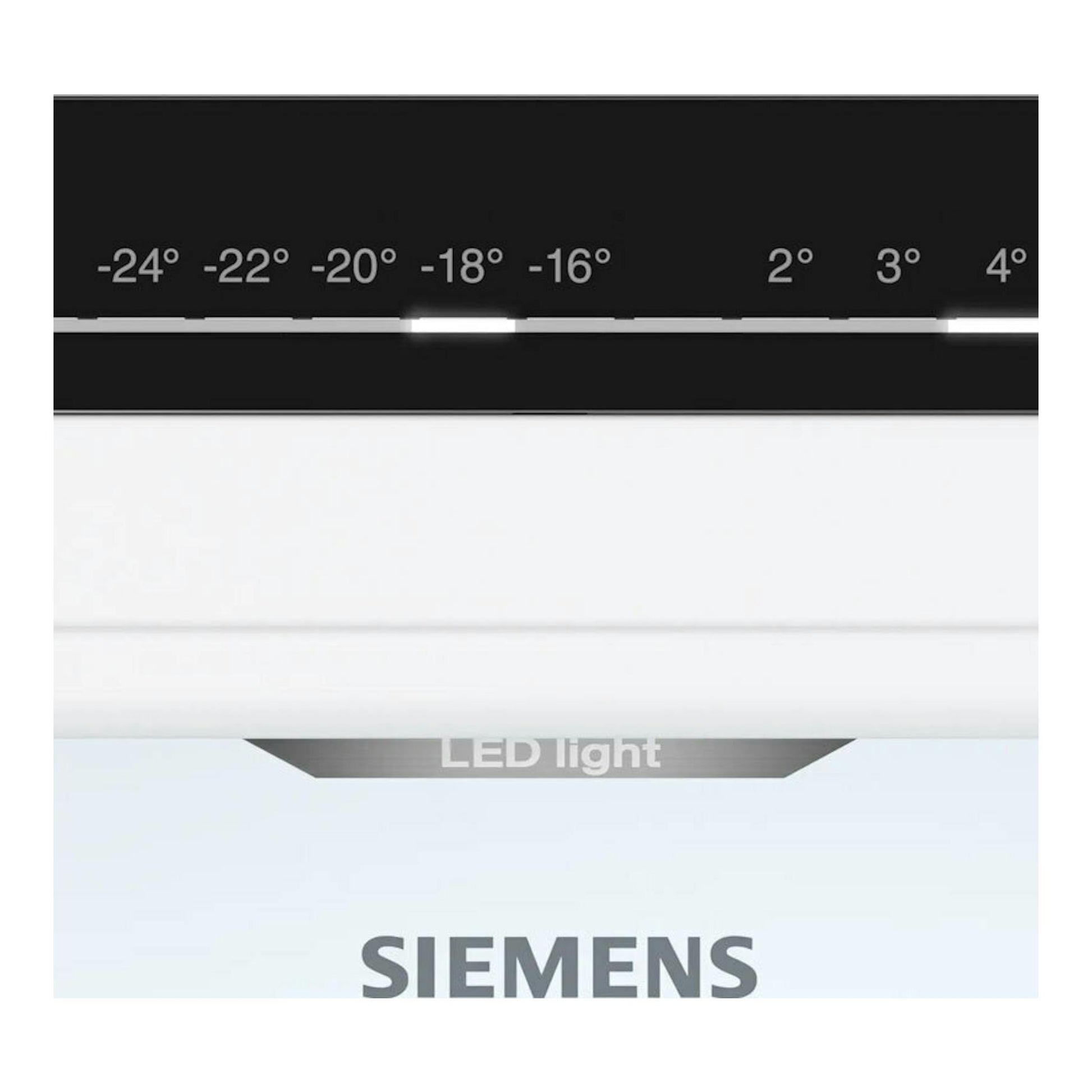 Frigorífico Siemens blanco, vista frontal parcial del panel de control con temperaturas y luz LED.