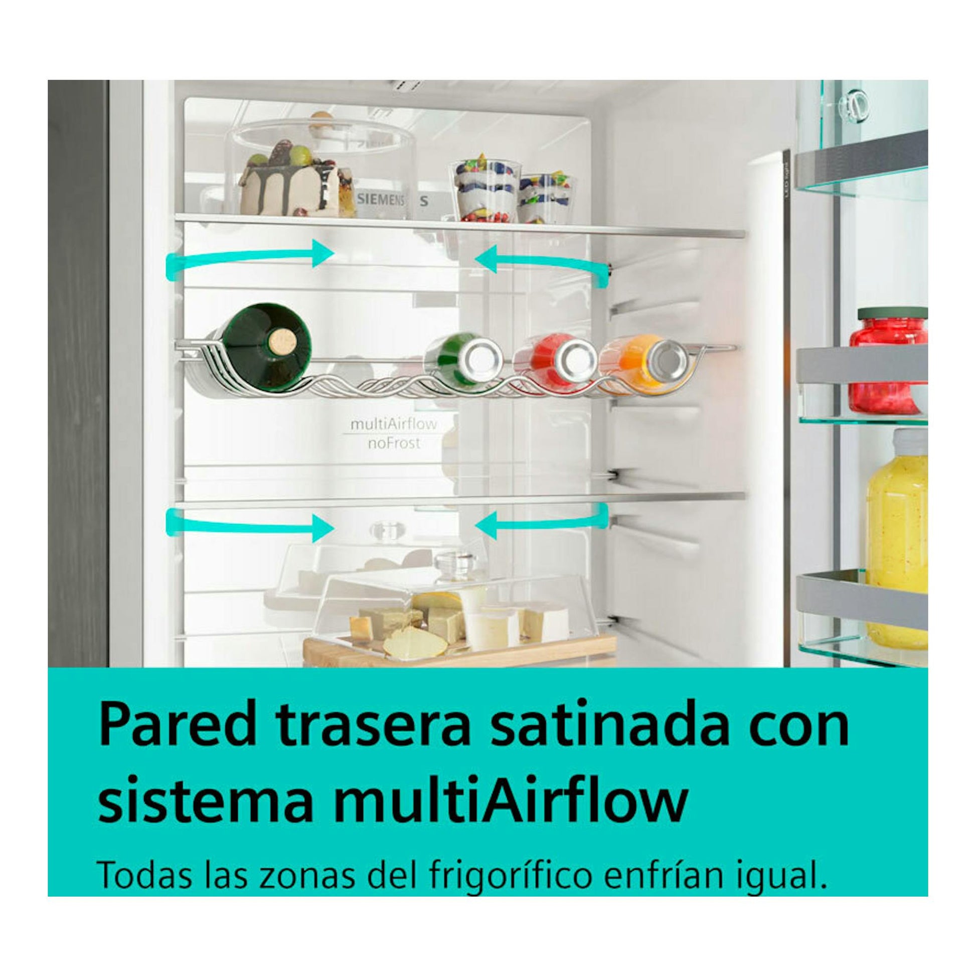 Interior de frigorífico Siemens KG36N2WCF blanco, con estantes, botellas y sistema multiAirflow visible.