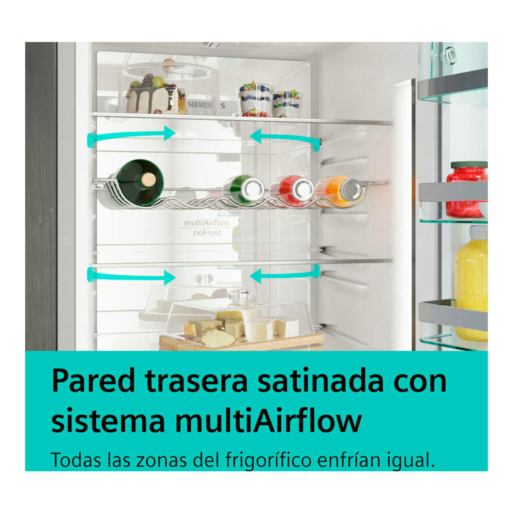 Interior de frigorífico Siemens KG36N2WCF blanco, con estantes, botellas y sistema multiAirflow visible.