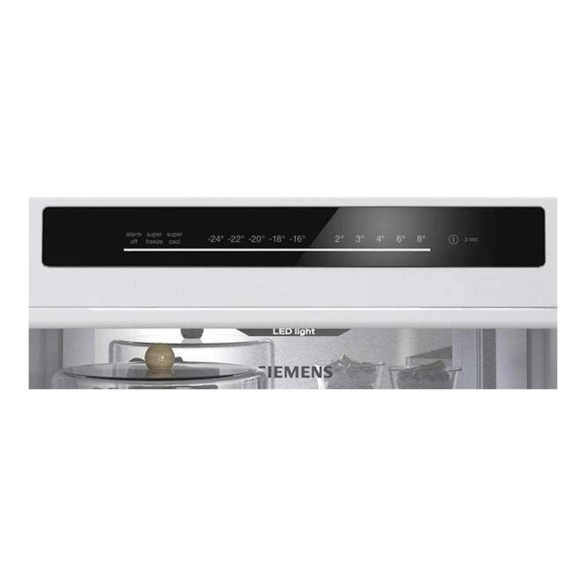 Frigorífico combi Siemens KG36NVWCG, vista frontal parcial del panel táctil negro y luz LED interior en blanco.