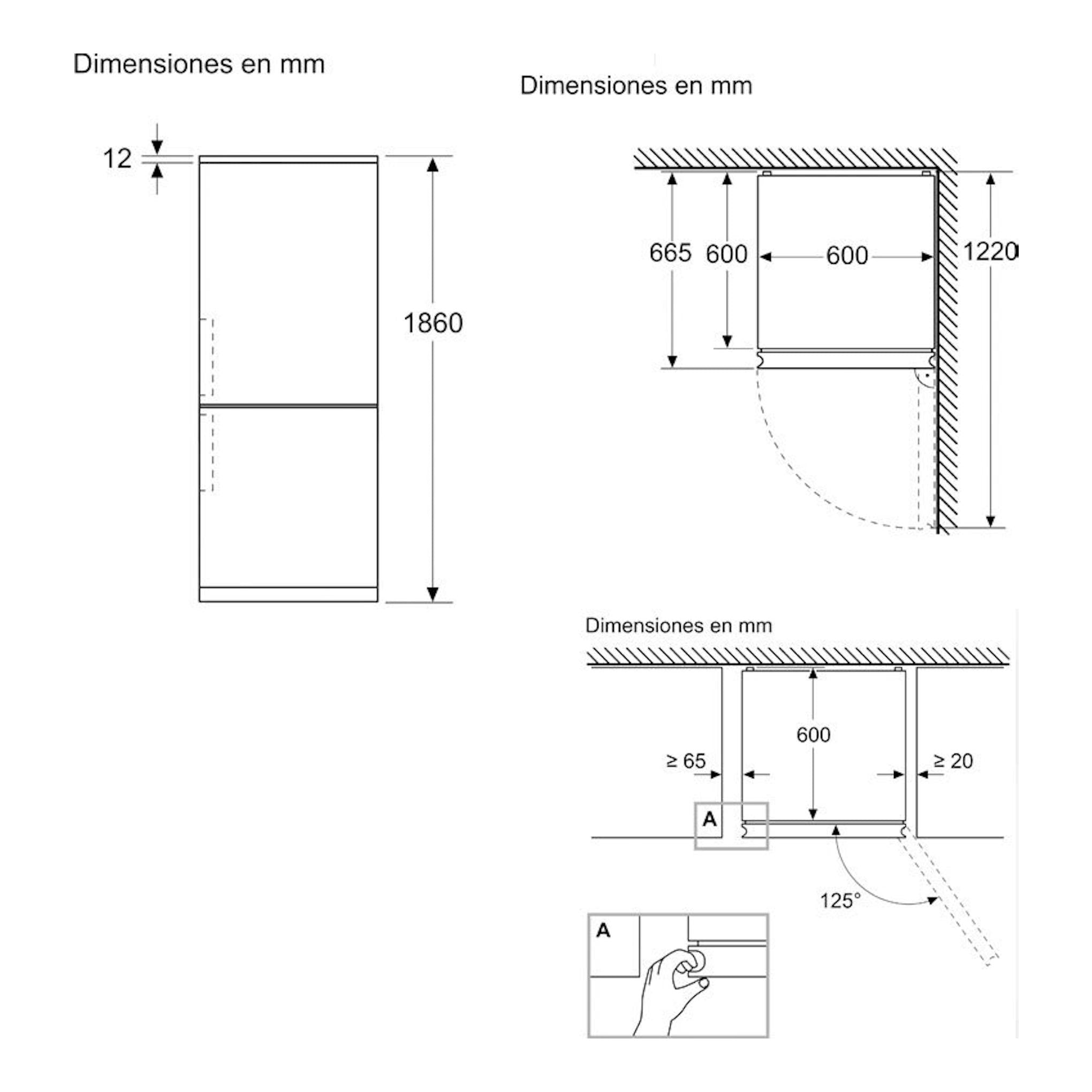 Esquema de dimensiones del frigorífico combi Siemens KG36NXIDF en inox, vistas frontal y lateral con medidas.