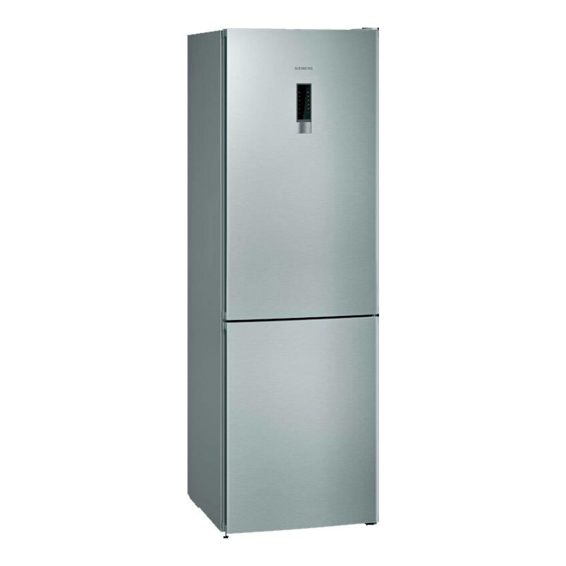 Frigorífico combi Siemens KG36NXIEA inox, vista frontal ligeramente angulada, dos puertas.