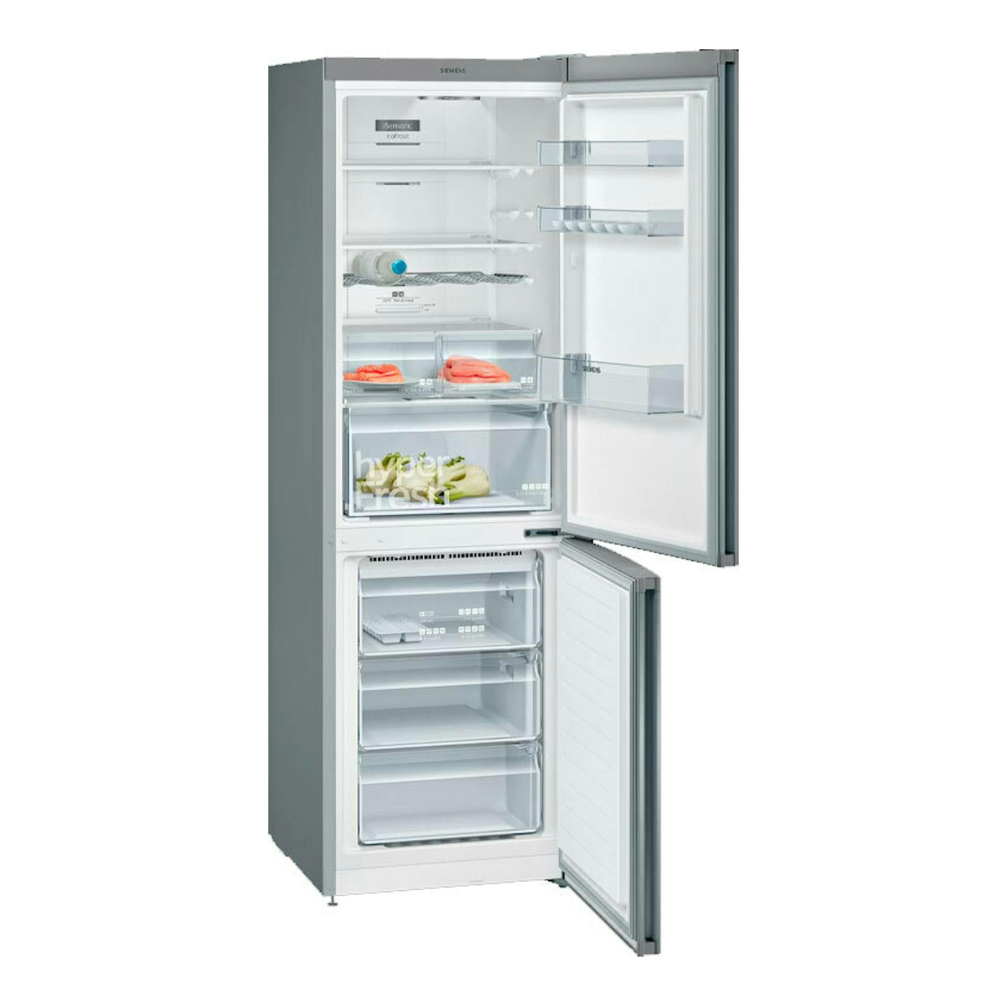 Frigorífico combi Siemens KG36NXIEA inox, vista frontal con puertas abiertas y compartimentos interiores visibles.