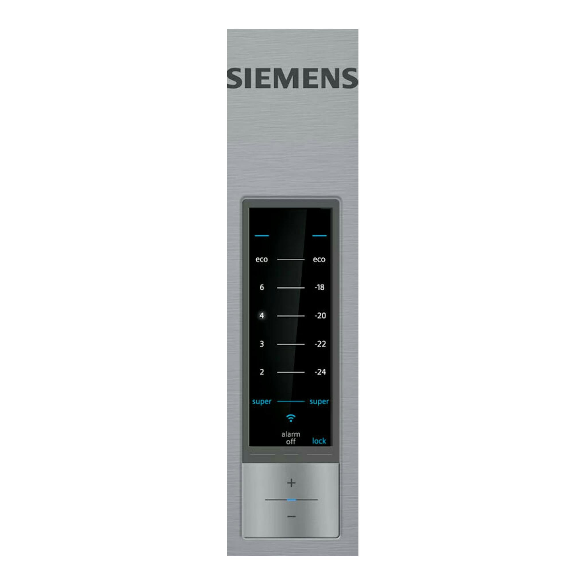 Frigorífico combi Siemens KG36NXIEA inox, vista frontal del panel de control digital.