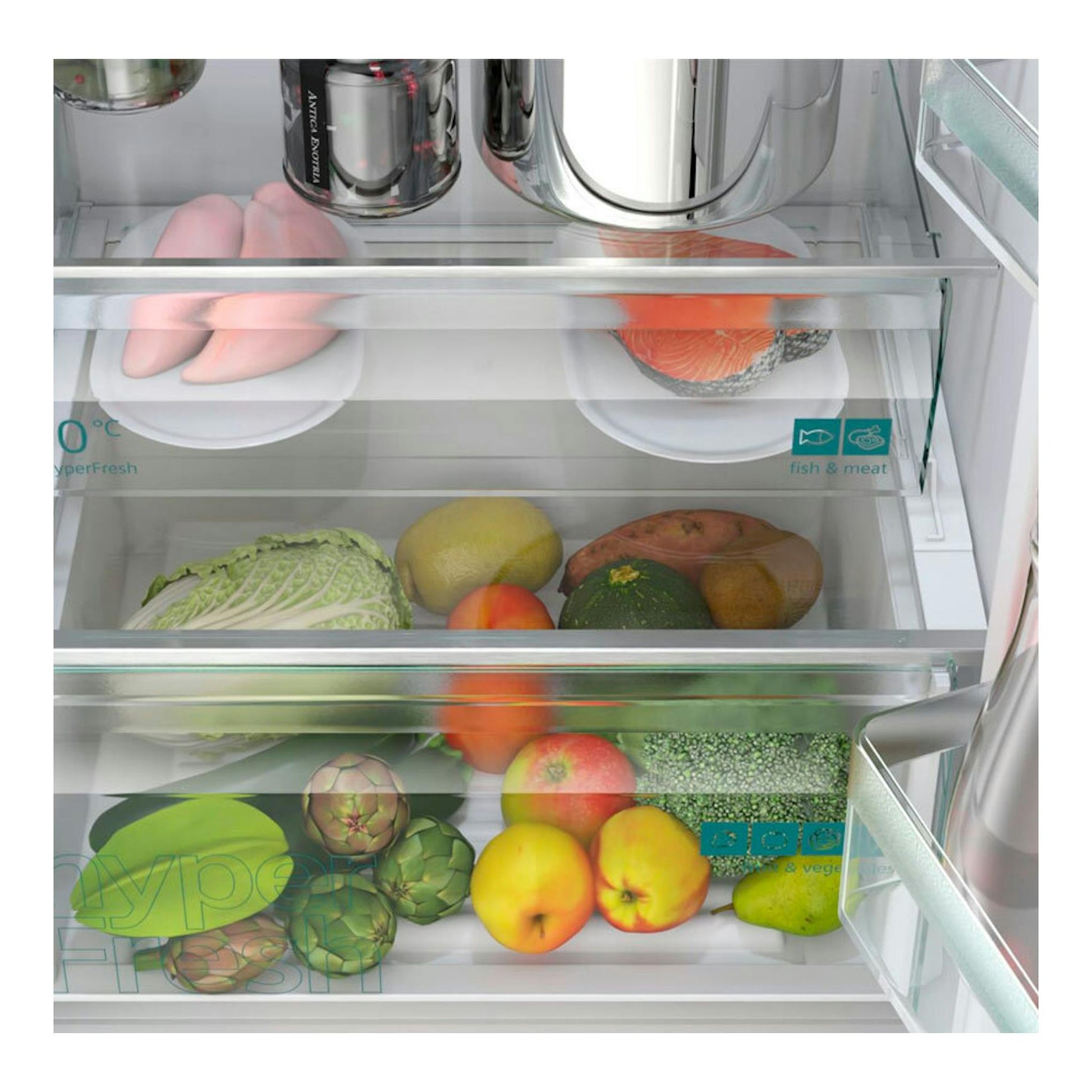 Interior de frigorífico combi Siemens KG36NXWDF blanco, con cajones transparentes y alimentos.