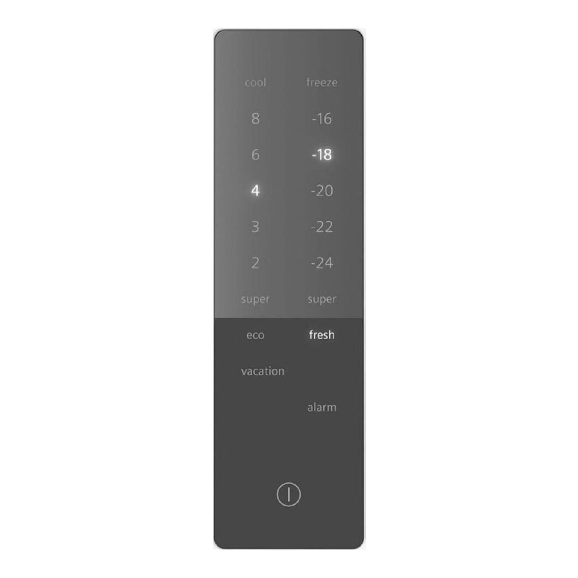 Panel táctil negro de frigorífico Siemens KG36NXWDF, vista frontal, con ajustes cool/freeze, eco y fresh.