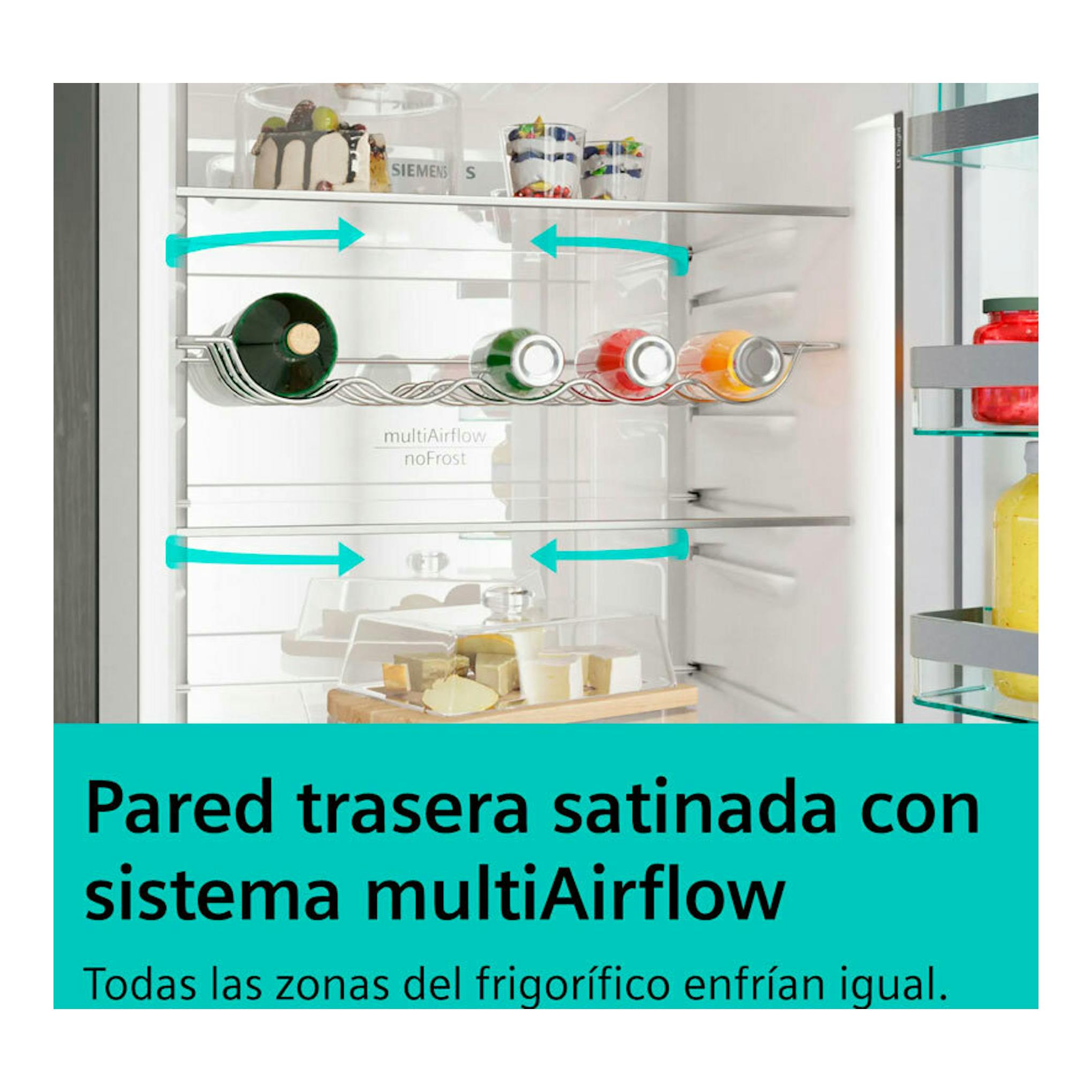 Interior de frigorífico Siemens KG39N2IAG inox con estantes, botellas y flechas del sistema multiAirflow.