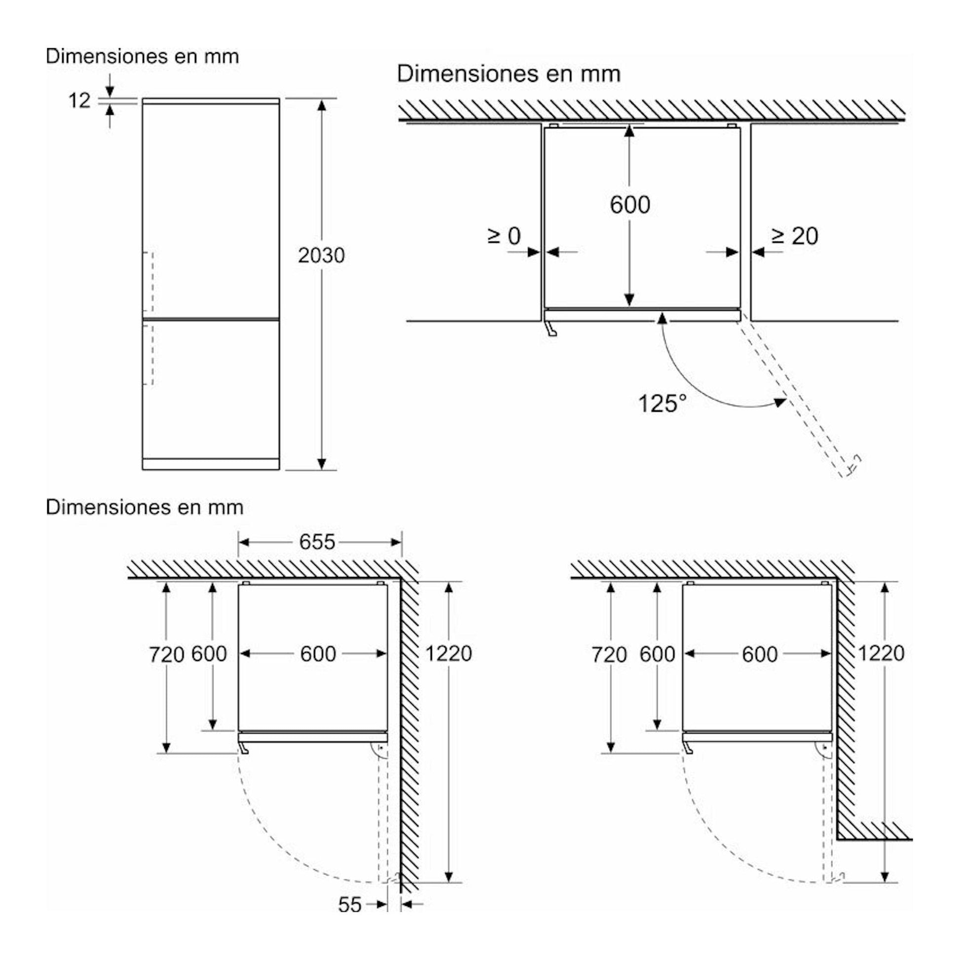 Diagrama técnico del frigorífico combi Siemens KG39NAIBT Inox con medidas en mm y apertura de puerta a 125°.