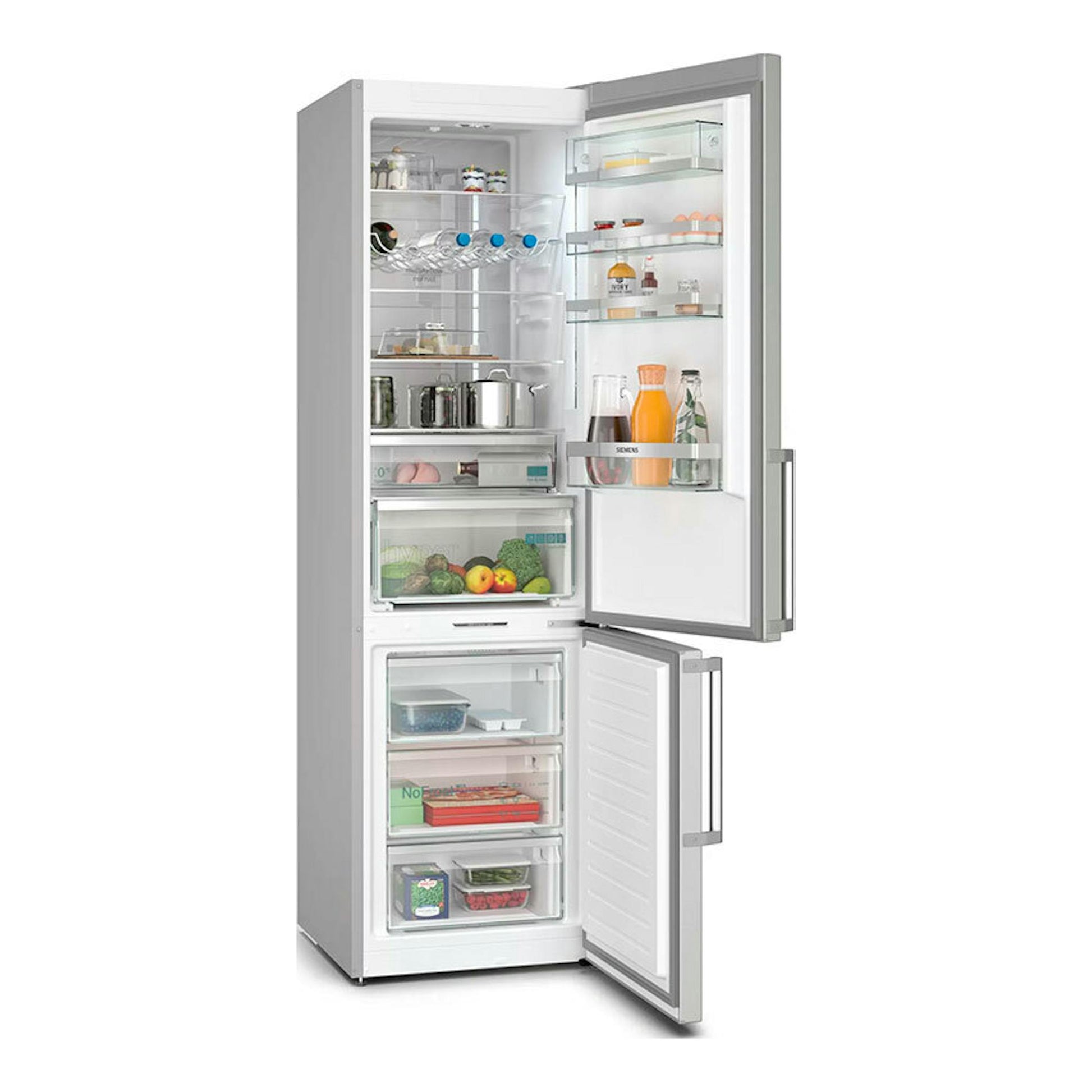 Frigorífico combi Siemens KG39NAIBT inox, vista frontal con puertas abiertas y compartimentos interiores visibles.