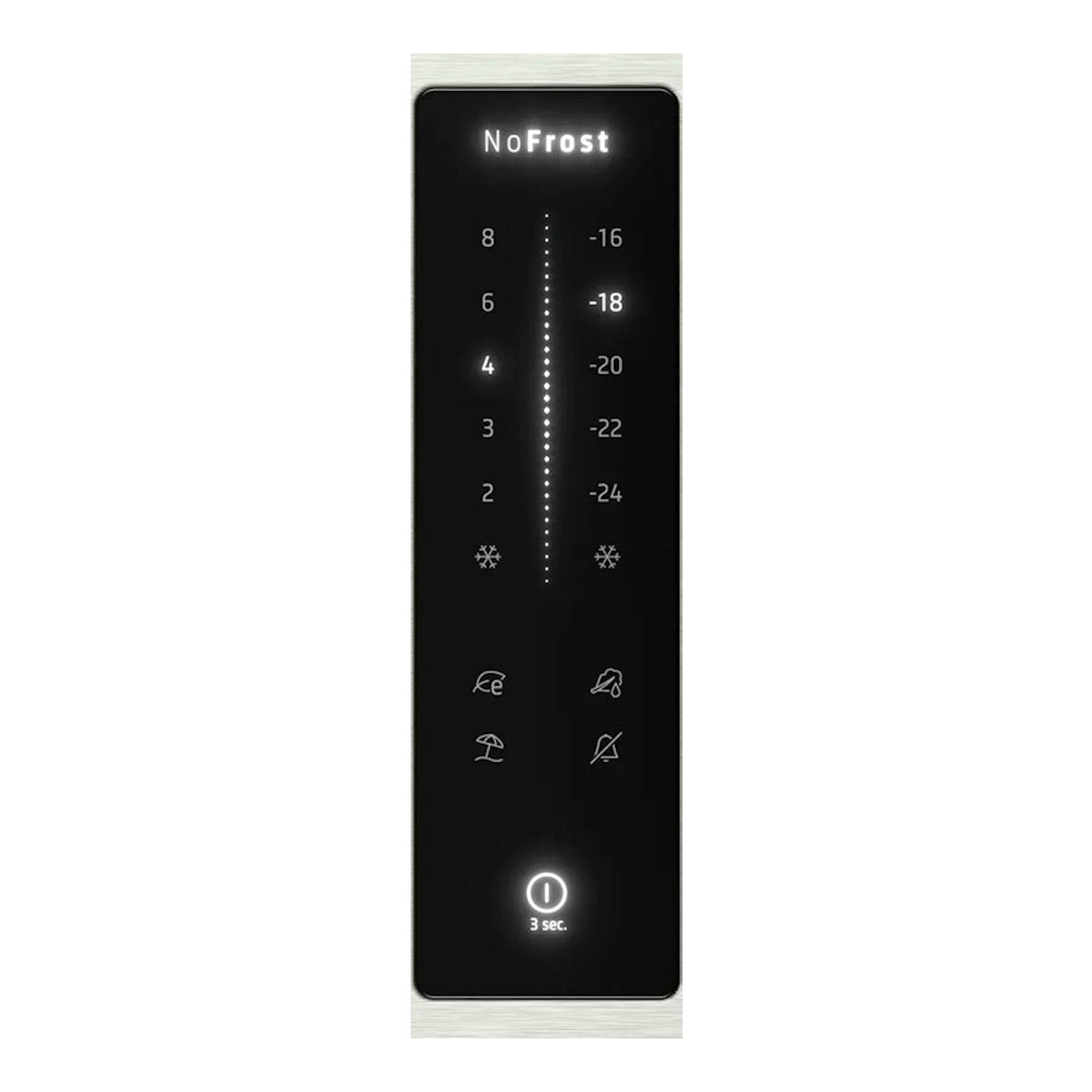Panel táctil negro de frigorífico combi Siemens KG39NAIBT en frontal inox, vista frontal con NoFrost.