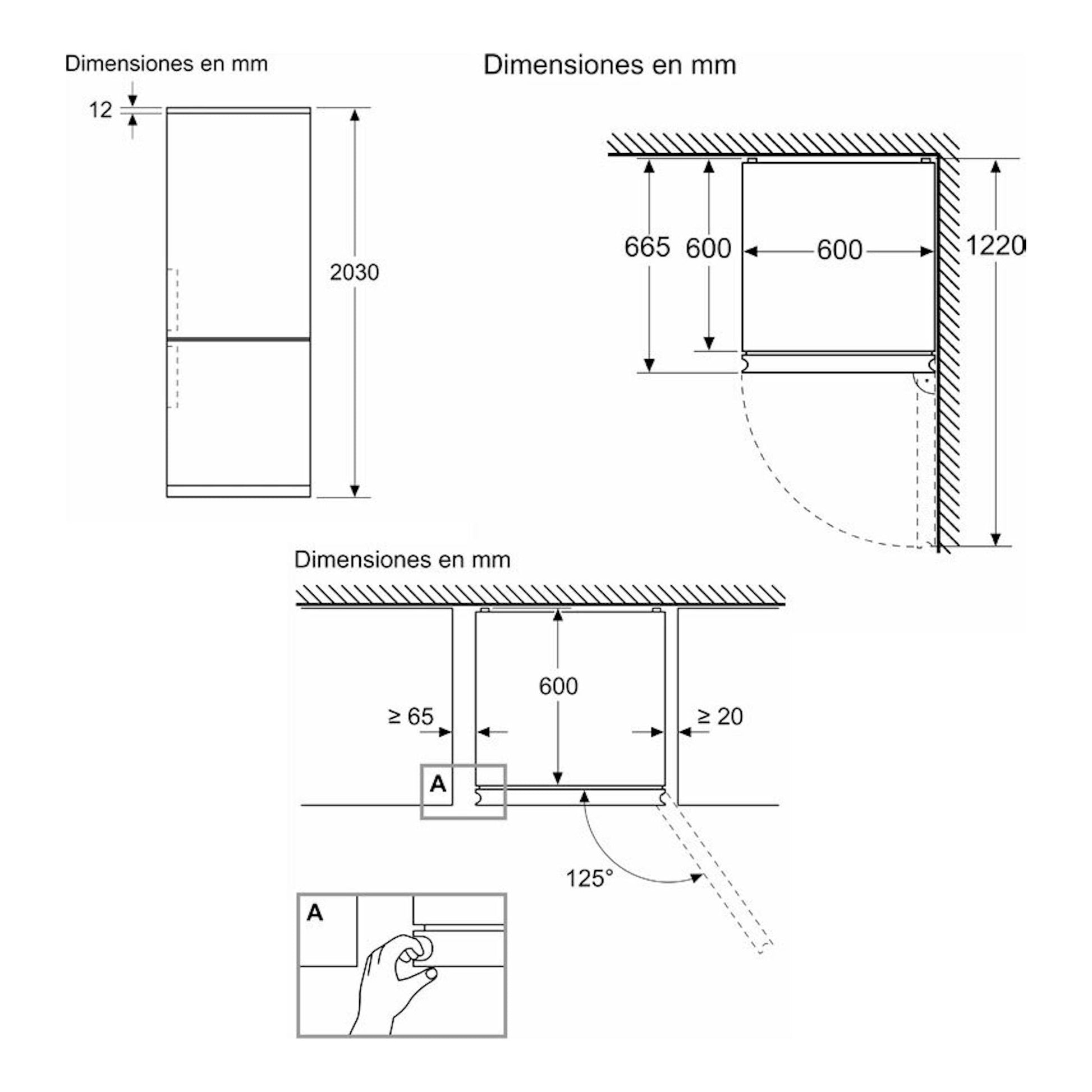 Diagrama técnico del frigorífico combi Siemens KG39NAXCF negro, con vistas frontal y lateral y medidas en mm.