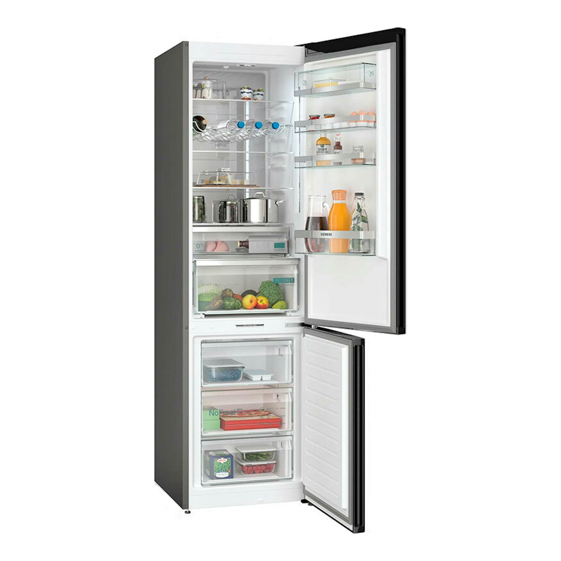 Frigorífico combi Siemens KG39NAXCF negro, vista frontal con puertas abiertas y compartimentos interiores visibles.