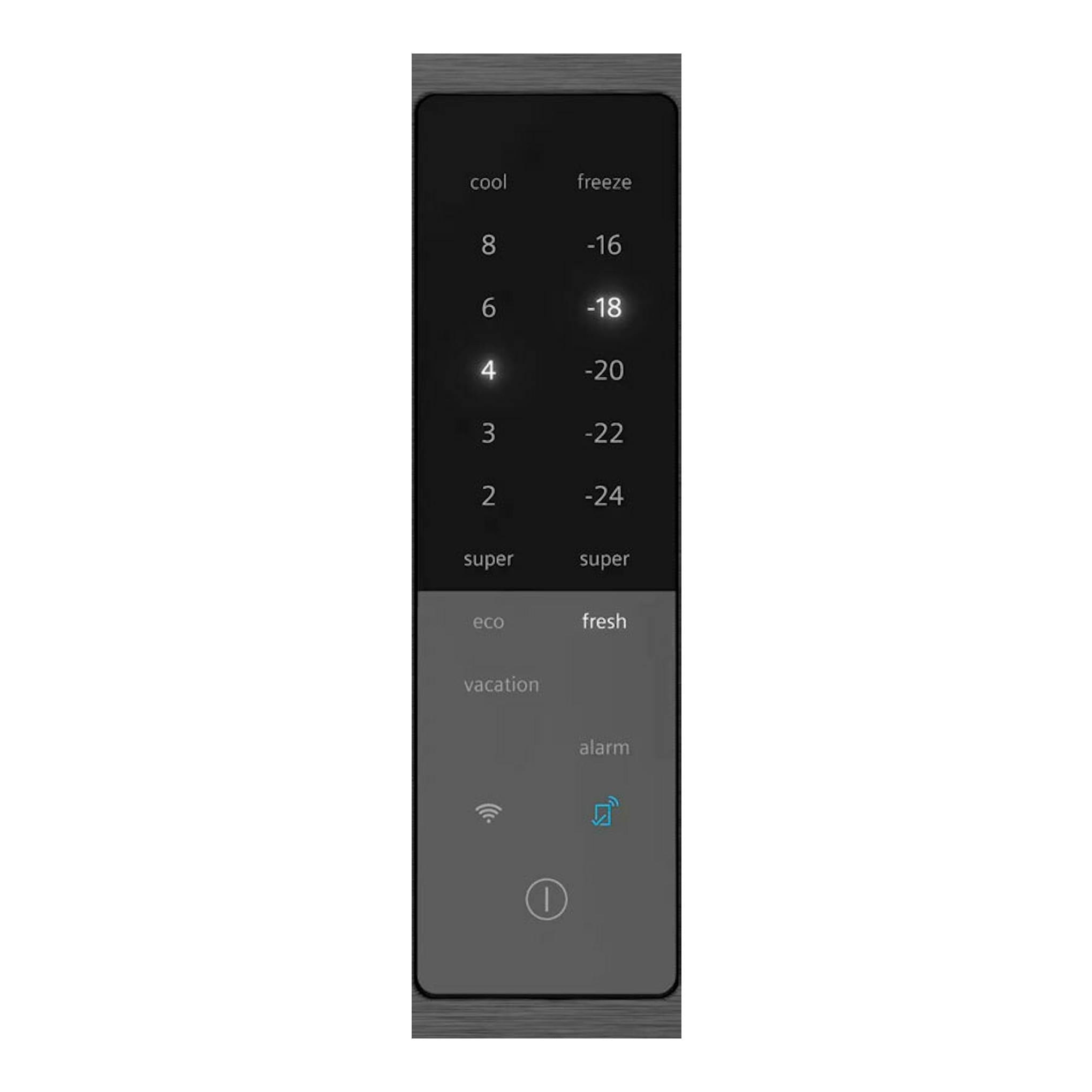 Panel frontal de frigorífico combi Siemens KG39NAXCF negro, con display táctil de temperaturas y modos.