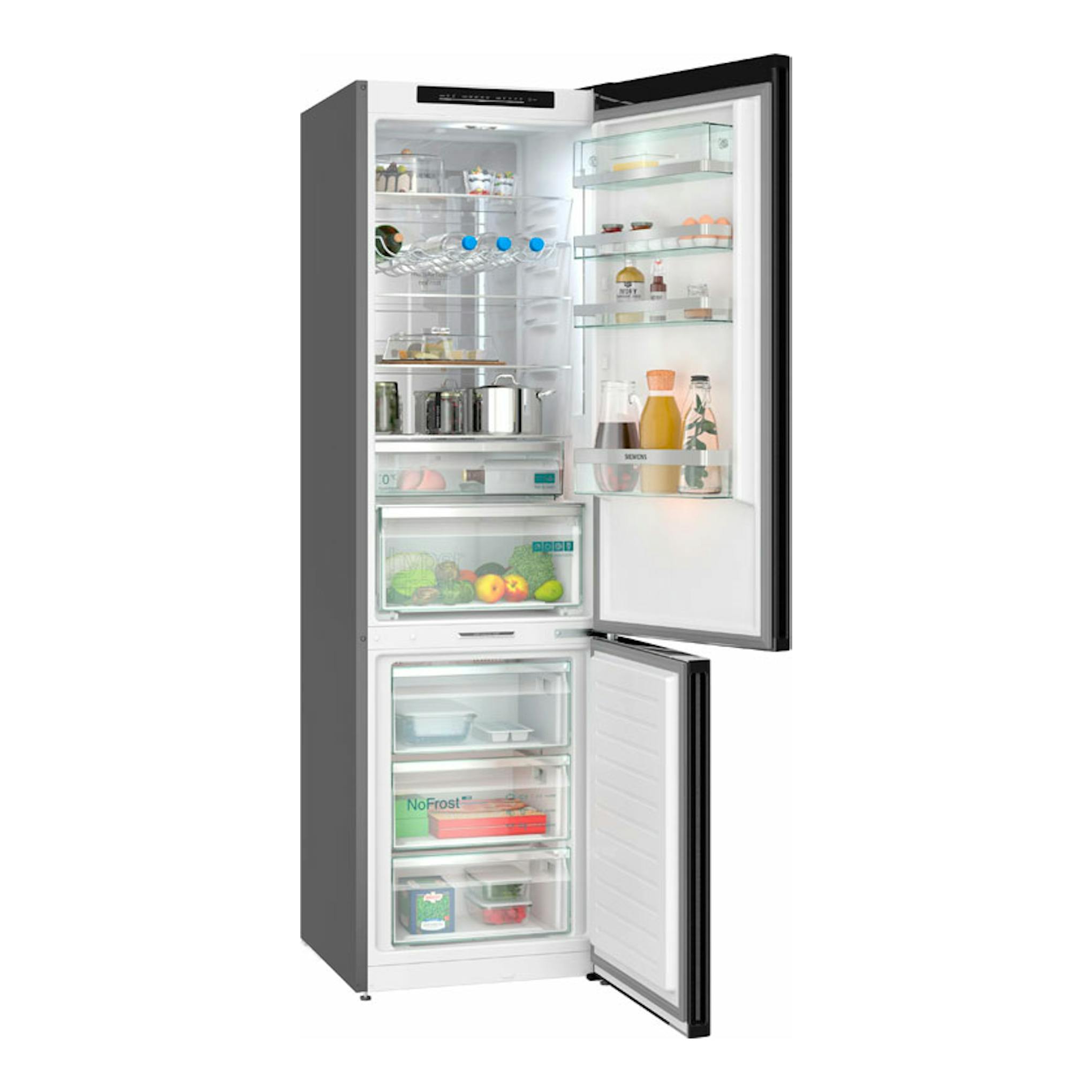 Frigorífico combi Siemens KG39NSBBF en cristal negro, vista frontal con puertas abiertas.