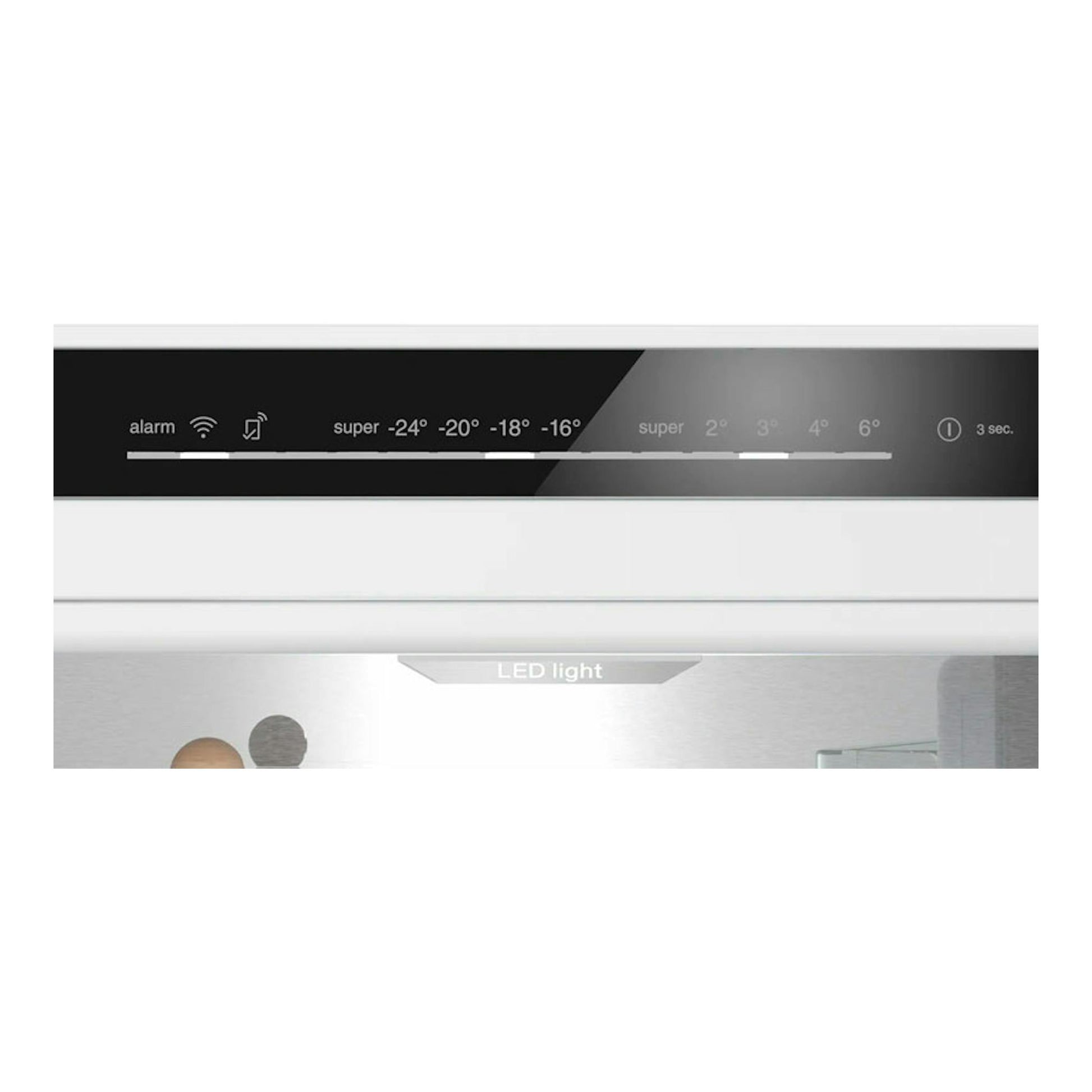 Frigorífico combi Siemens KG39NSBBF en cristal negro, vista frontal parcial con panel táctil y LED.