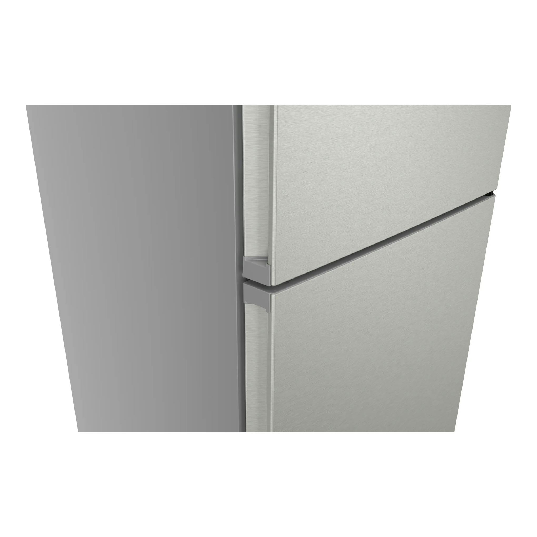 Frigorífico combi Siemens KG39NVIBG en inox, vista frontal parcial de las puertas y tiradores.