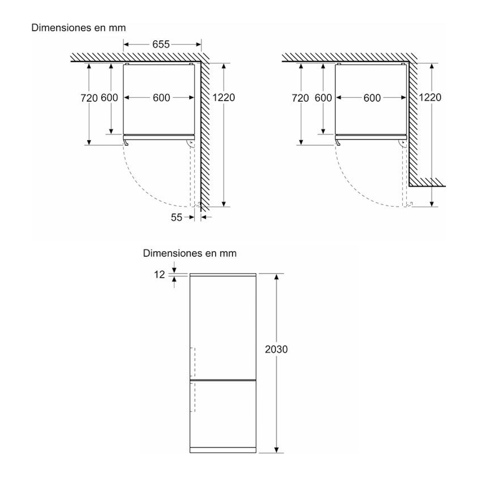 Esquema de medidas del frigorífico combi Siemens KG39NVICV inox, con vistas frontal y lateral, en mm.