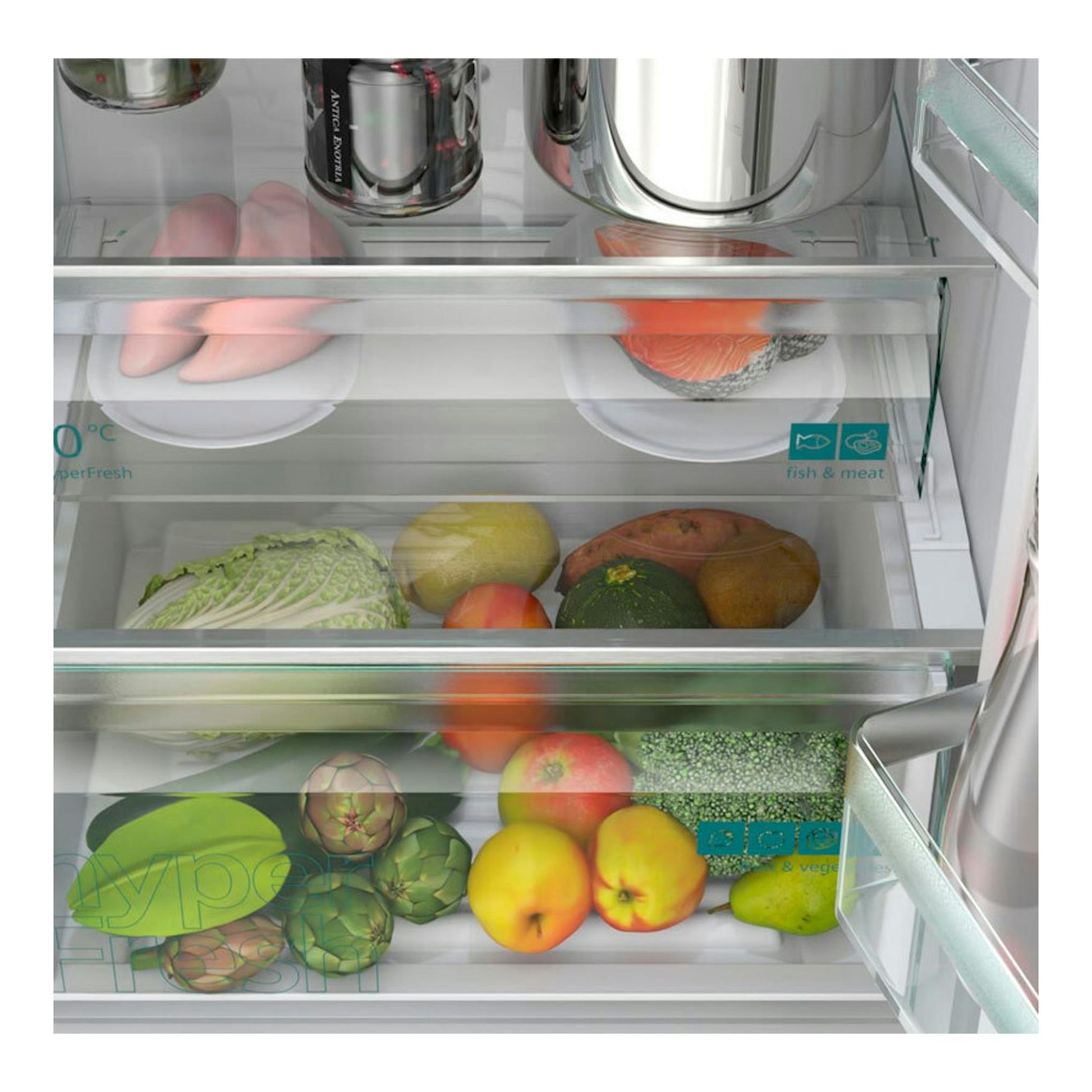 Interior de frigorífico Siemens KG39NVIDG Inox con cajones transparentes y frutas, verduras y pescado.