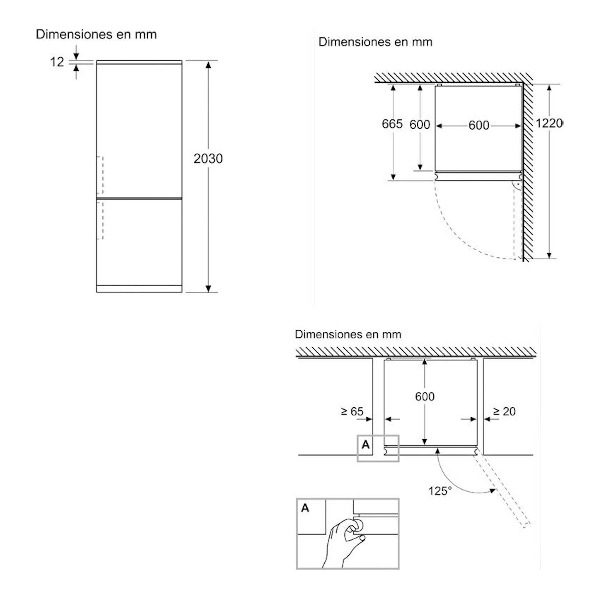 Esquema técnico del frigorífico combi Siemens KG39NVWDG, vistas frontal y lateral con medidas.