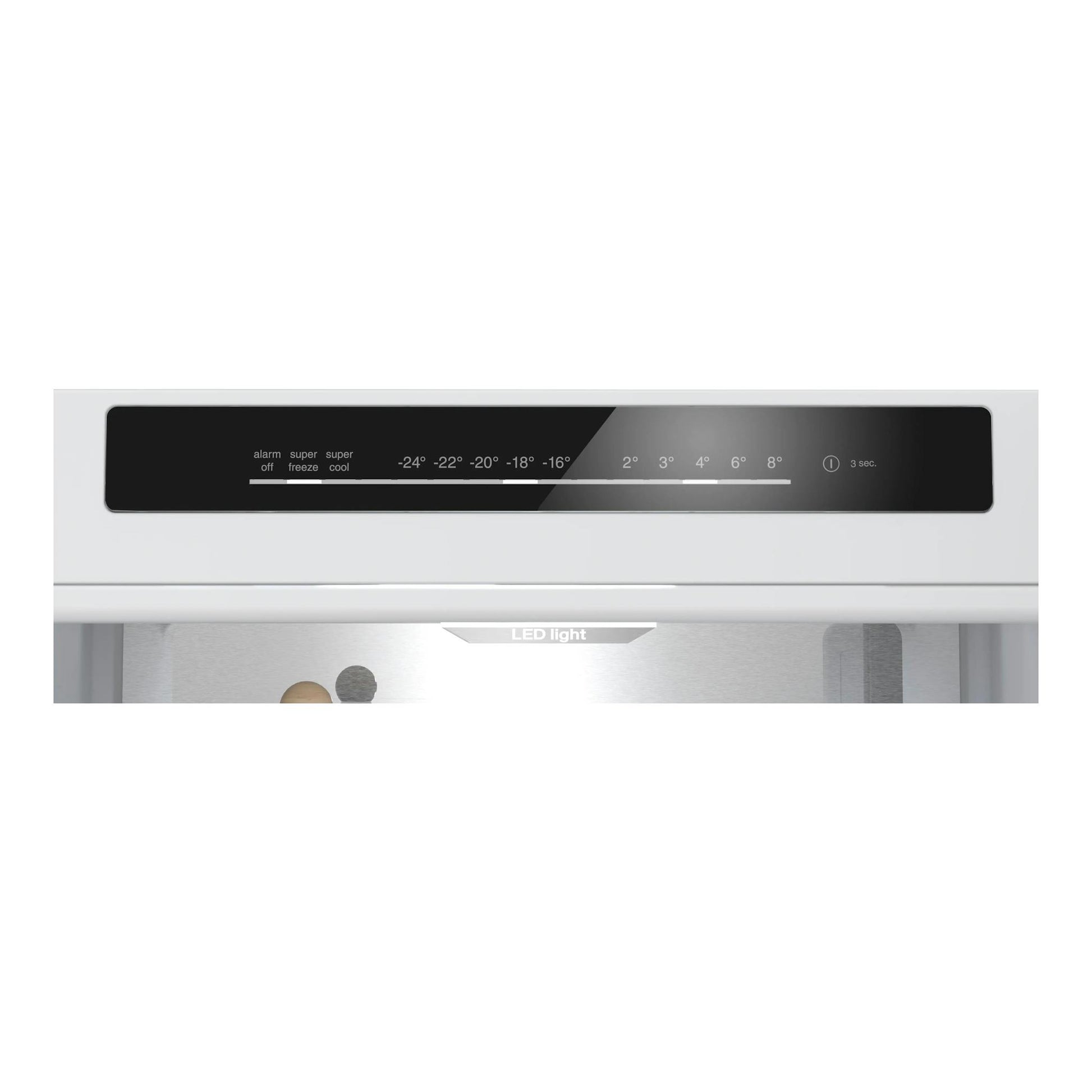 Panel de control negro de un frigorífico combi Siemens KG39NVXCG, vista frontal, con temperaturas y LED.