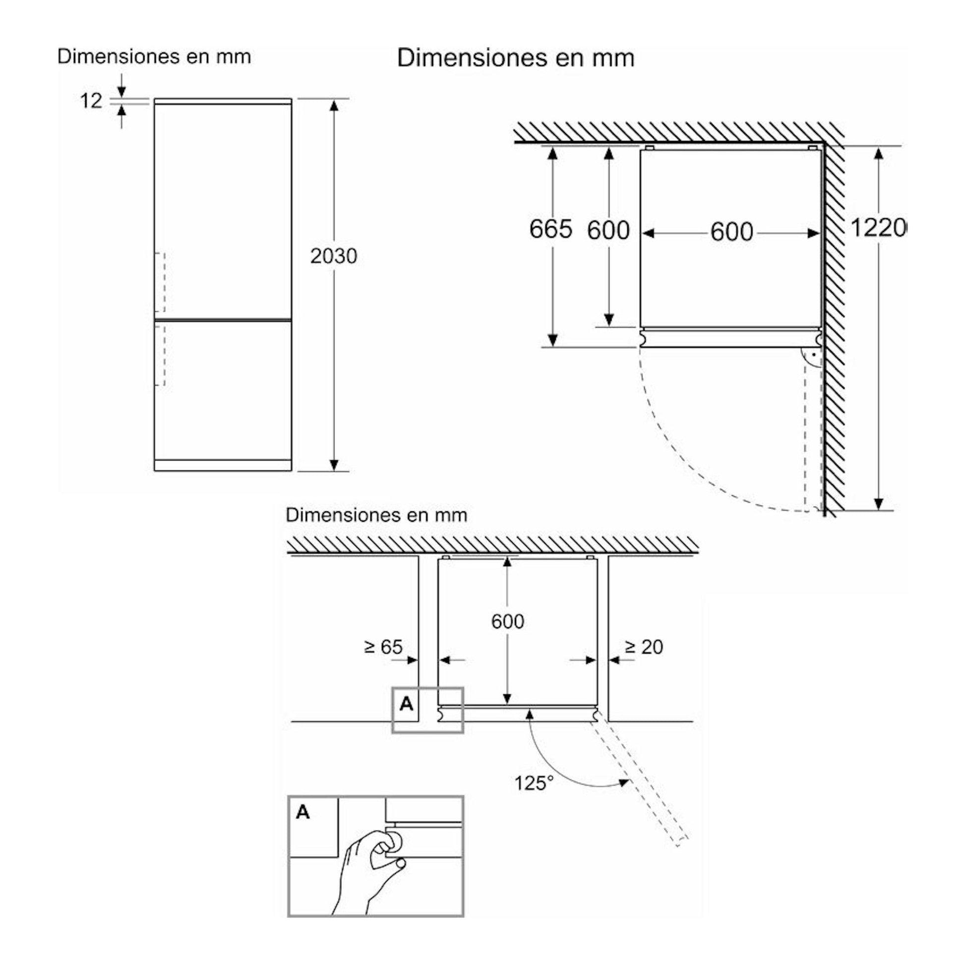 Plano técnico del frigorífico combi Siemens KG39NXIBF Inox, vistas frontal y lateral con medidas en mm.