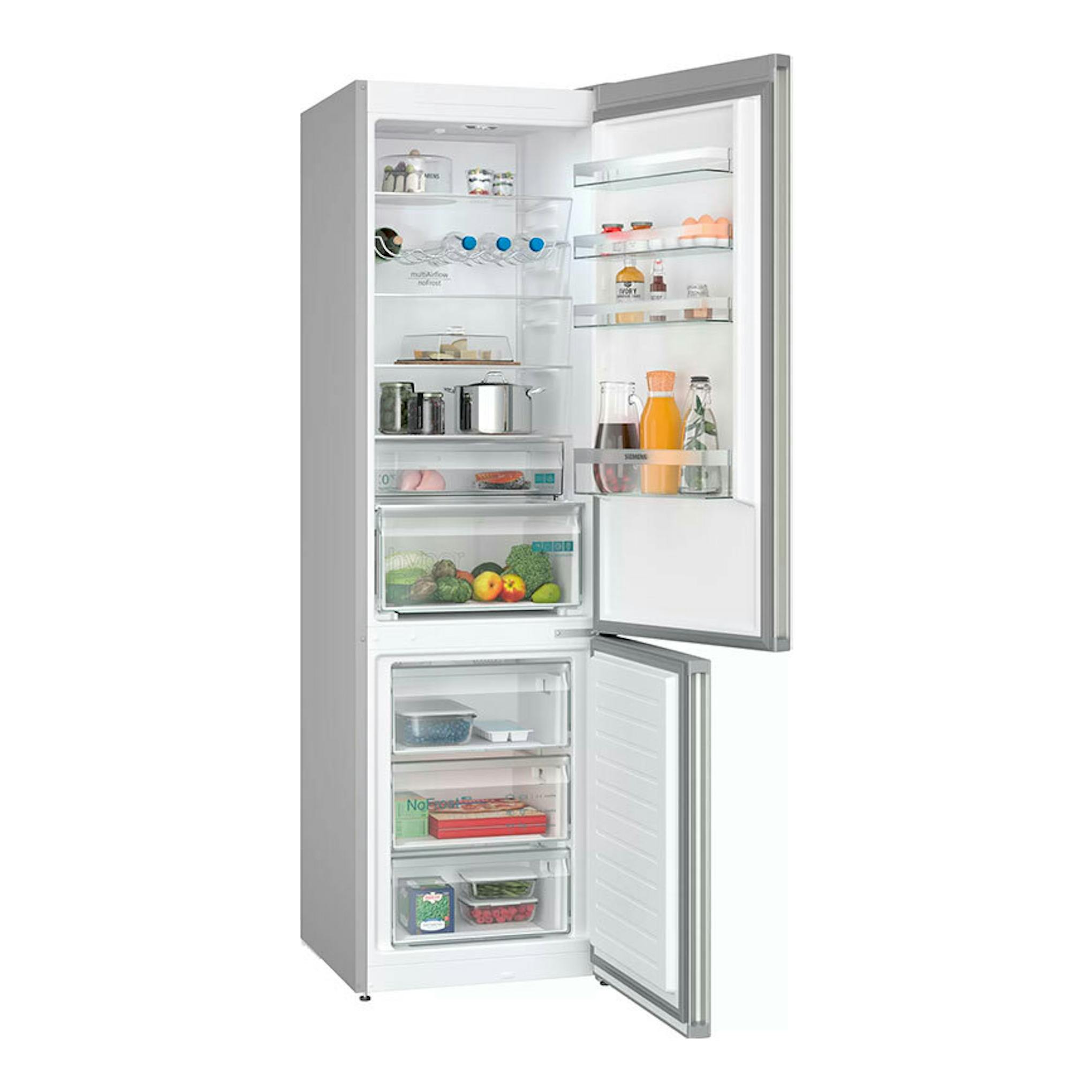 Frigorífico combi Siemens KG39NXIBF inox, vista frontal con puertas abiertas y compartimentos interiores visibles.