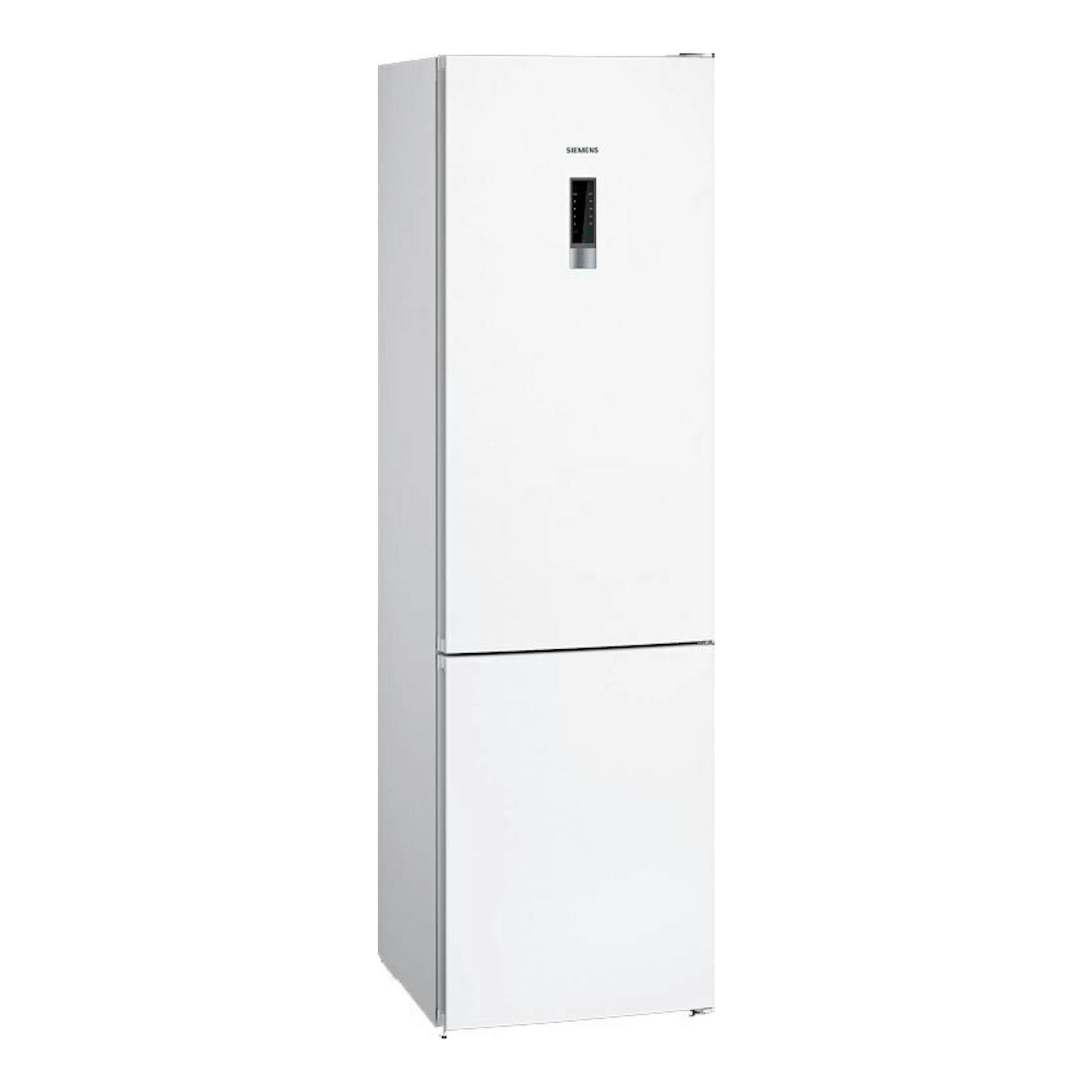 Frigorífico combi Siemens KG39NXWEA blanco, vista frontal en ángulo con panel digital en la puerta.