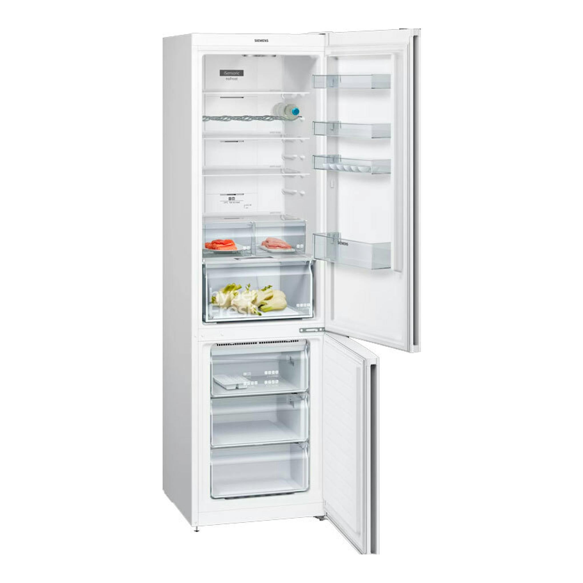 Frigorífico combi Siemens KG39NXWEA blanco, vista frontal con puertas abiertas.